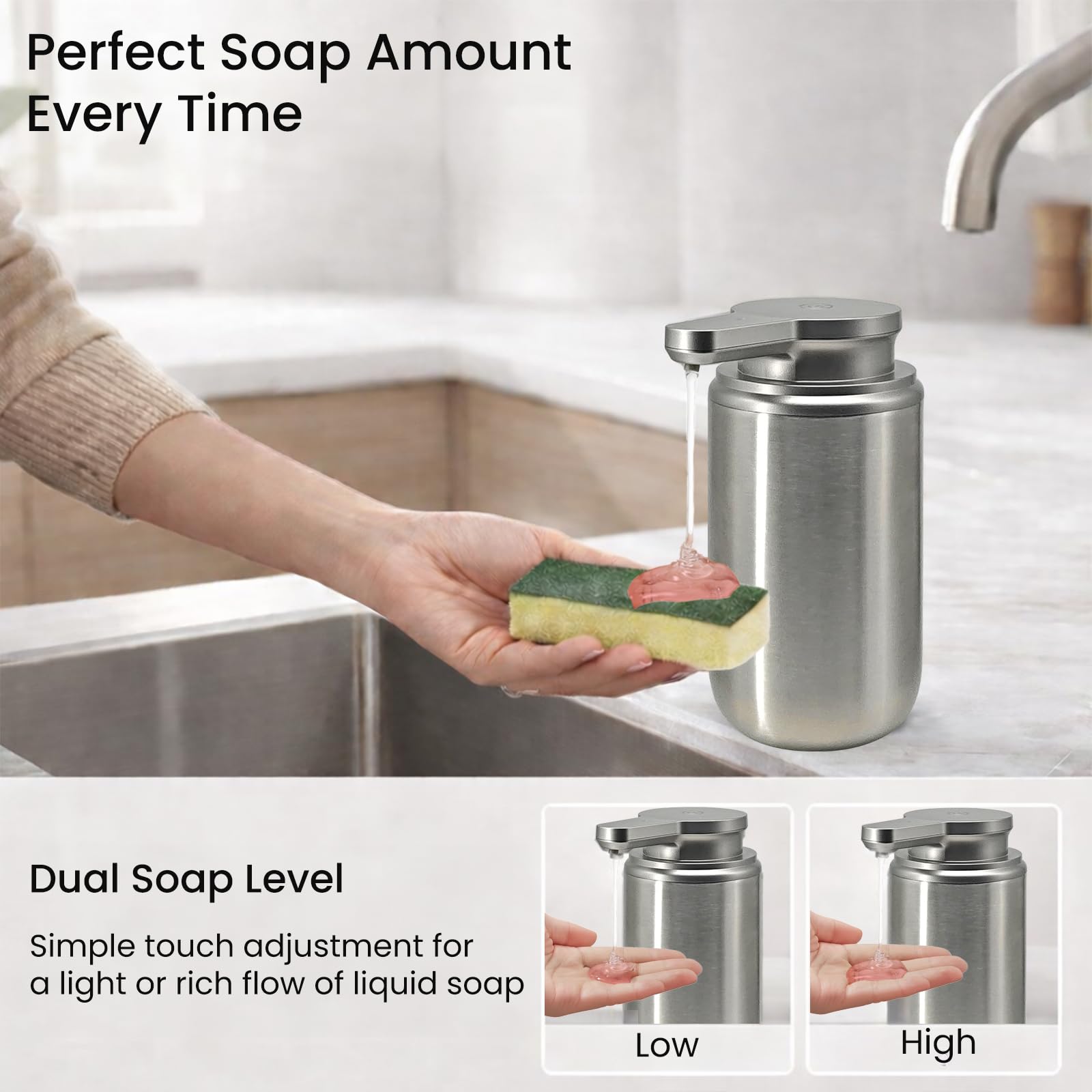 GentleJet WaveJet Automatic Liquid Soap Dispenser Touchless Sensor, USB-C Rechargeable, 304 Stainless Steel, IPX5 Waterproof for Bathroom Kitchen Sink, 10 oz / 300 ml