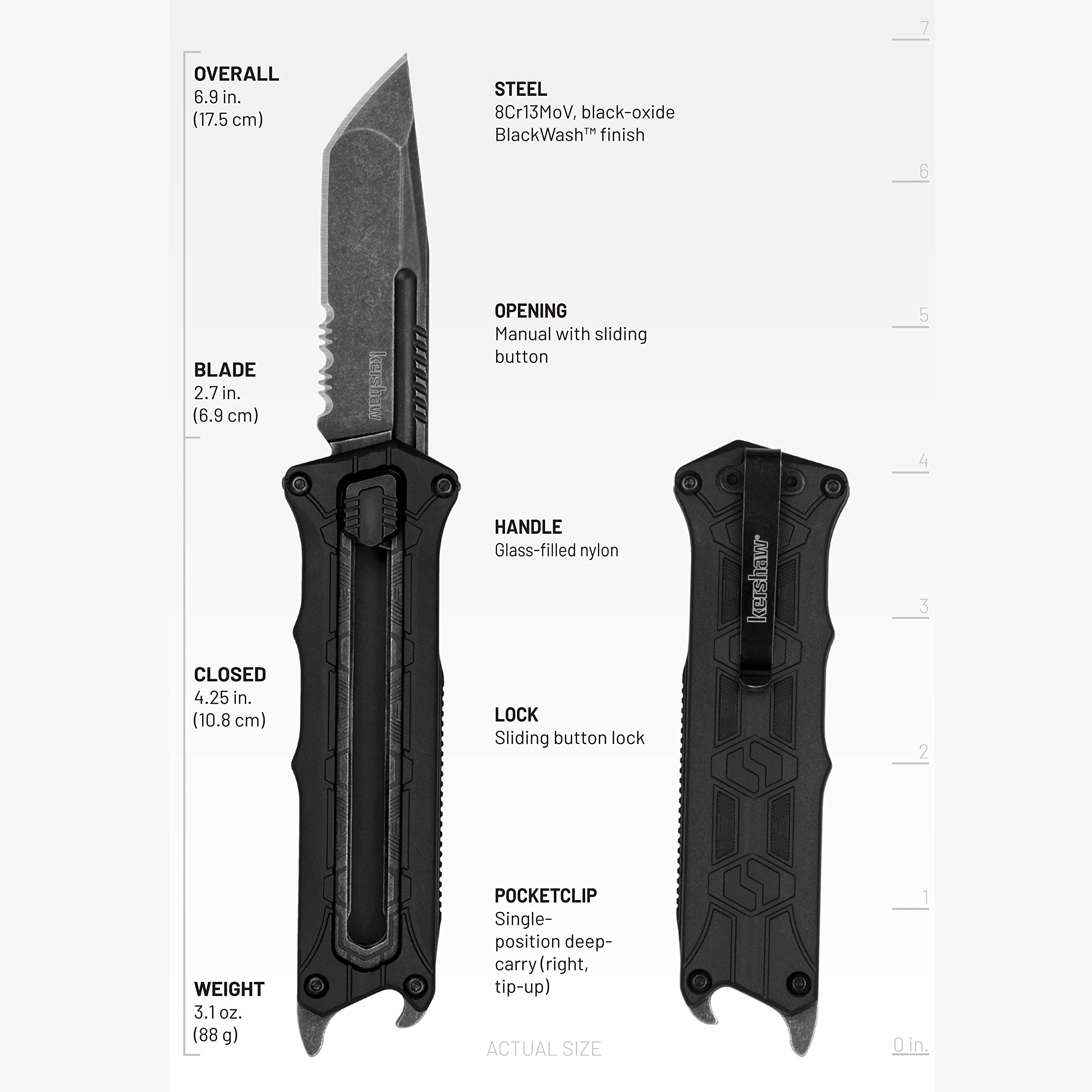 Kershaw Interstellar Pocket Knife, 2.7 Inch Stainless Steel Tanto Partially Serrated Blade, EDC with Manual Opening, Single-Position Pocketclip, Everyday Carry Pocket Knife for Men and Women