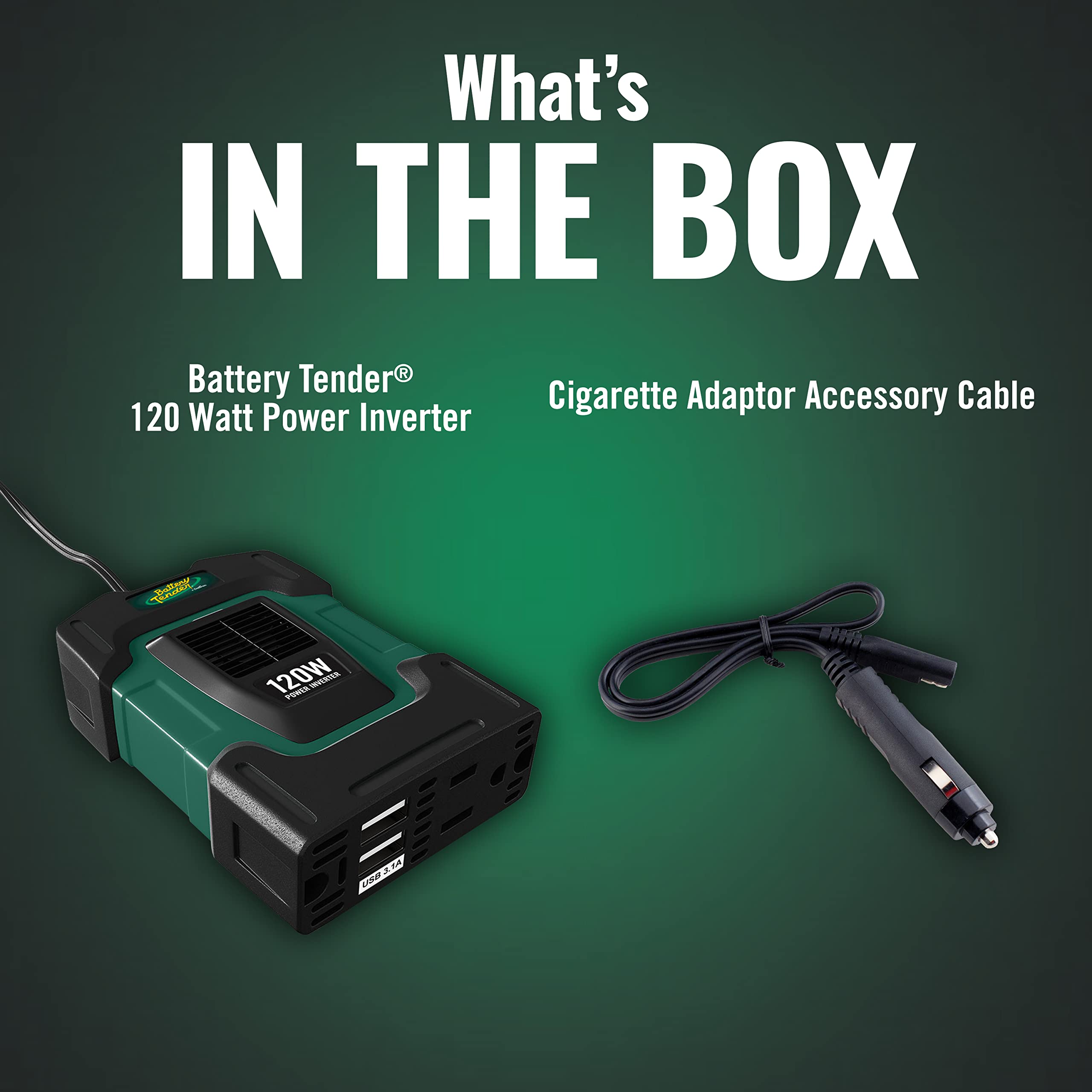 Battery Tender 120 Watt Power Inverter - 12 Volt DC to 115 Volt AC Car Inverter with 5 Volt Dual USB Car Adapter - Portable 120W Power for Camping, Lamps, Phones, and More - 026-0002-DL-WH