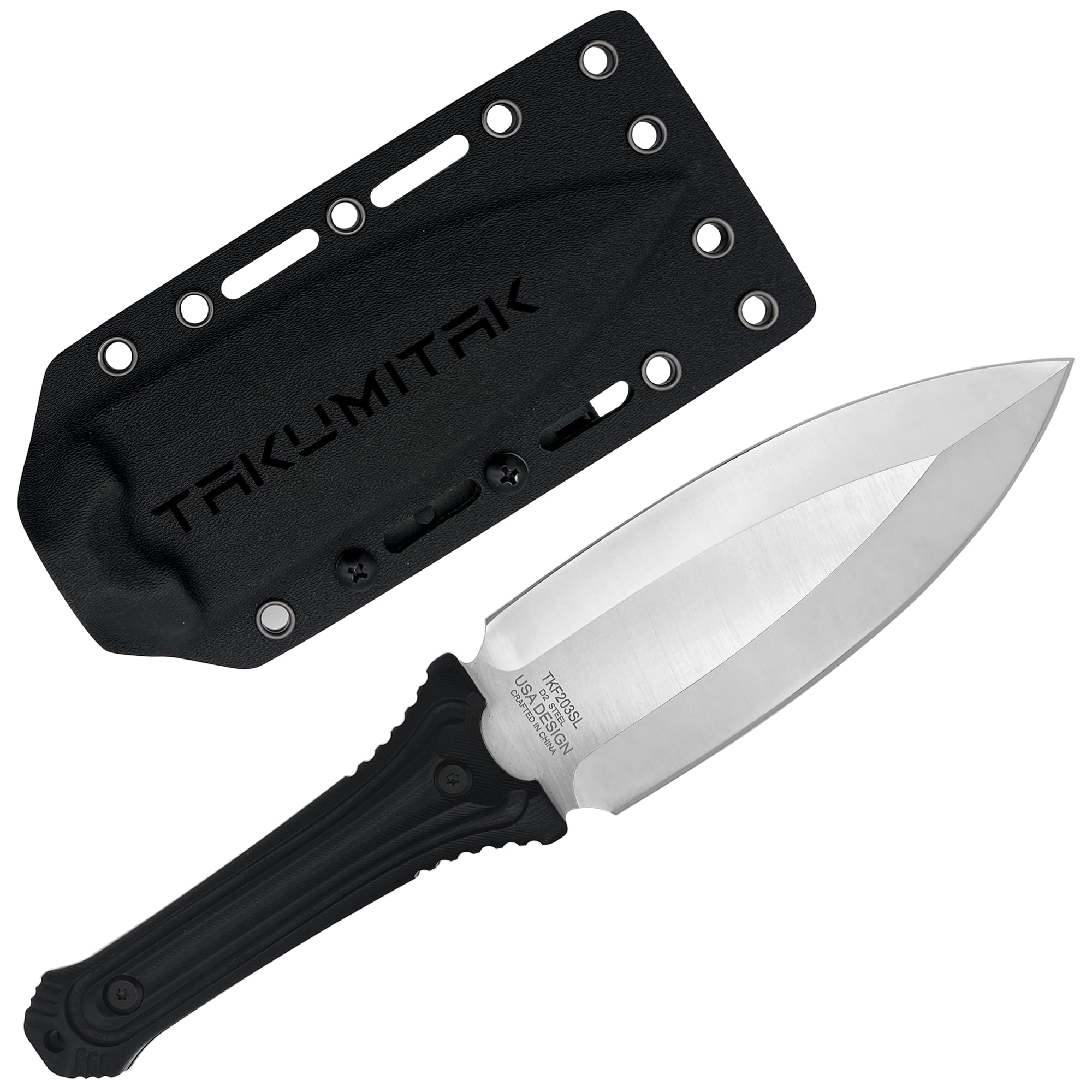 Tactical Fixed Blade Knife D2 Spear Point Blade G10 Handle Kydex Sheath Molle Clip Hunting Camping EDC TKF203SL Silver 82774