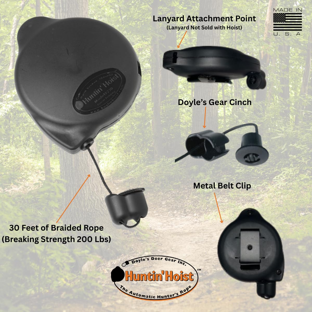 Doyles Deer Gear Huntin Hoist | Retractable Bow Hoist for Deer Hunting | Ascending Accessory for Saddle hunting and Elevated Tree Stands and Deer Blinds | 30 Feet of Retracting Braided Rope