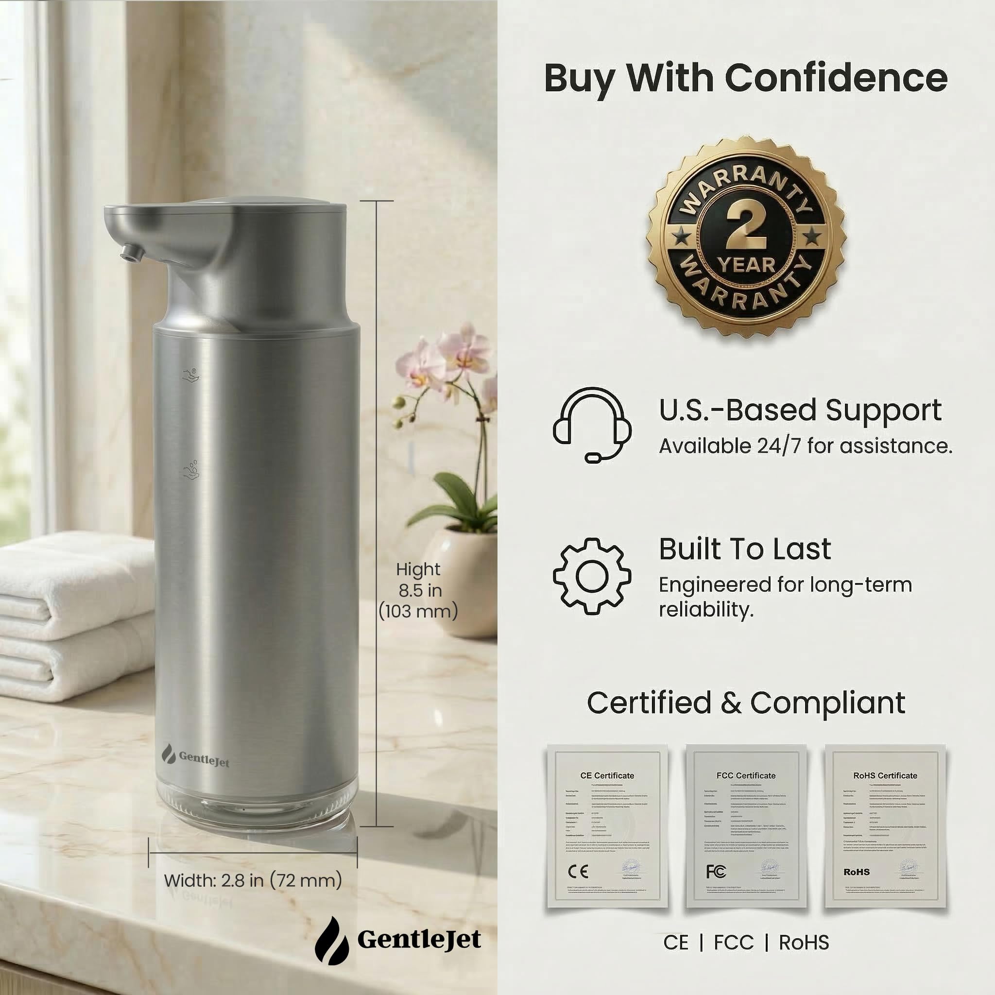 GentleJet CrystalJet Automatic Liquid Soap Dispenser – Touchless Sensor, USB-C Rechargeable, 304 Stainless Steel, IPX5 Waterproof for Bathroom Kitchen Sink, 10 fl oz / 300 ml