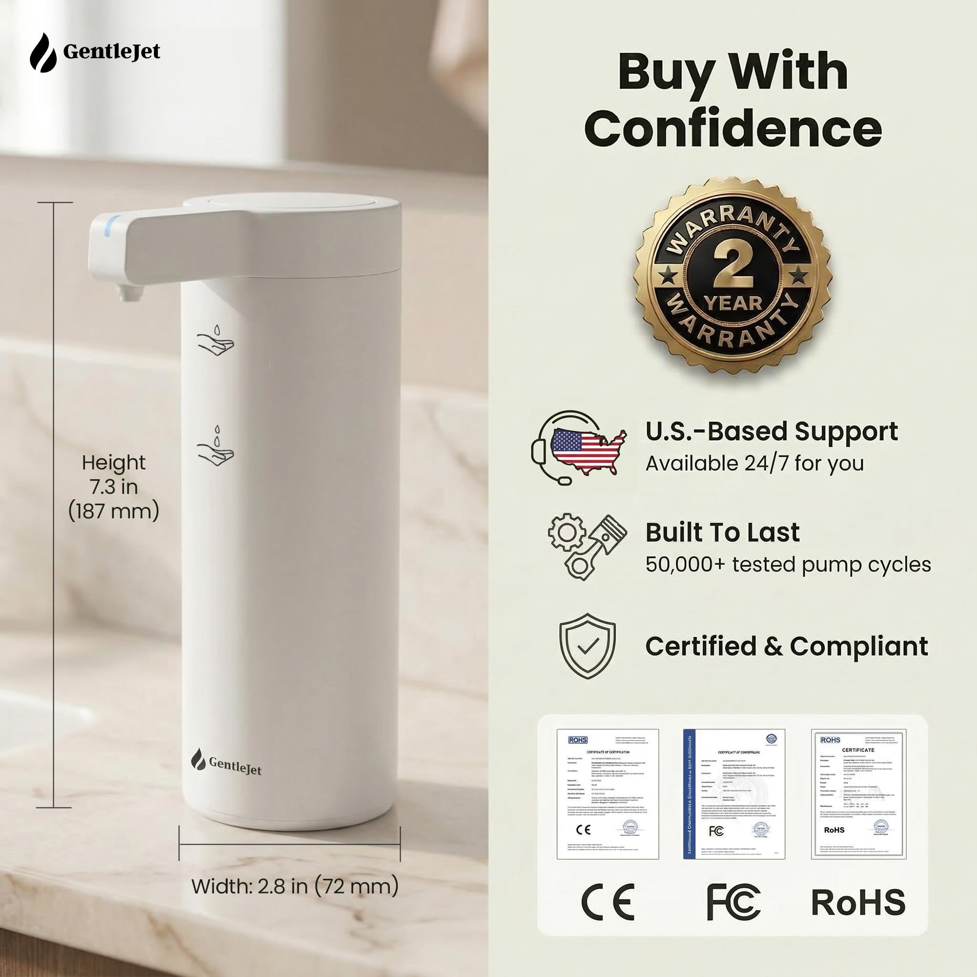GentleJet SmoothDrop Automatic Liquid Soap Dispenser – Touchless Sensor, USB-C Rechargeable, 304 Stainless Steel, IPX5 Waterproof for Bathroom Kitchen Sink, 9 oz / 270 ml