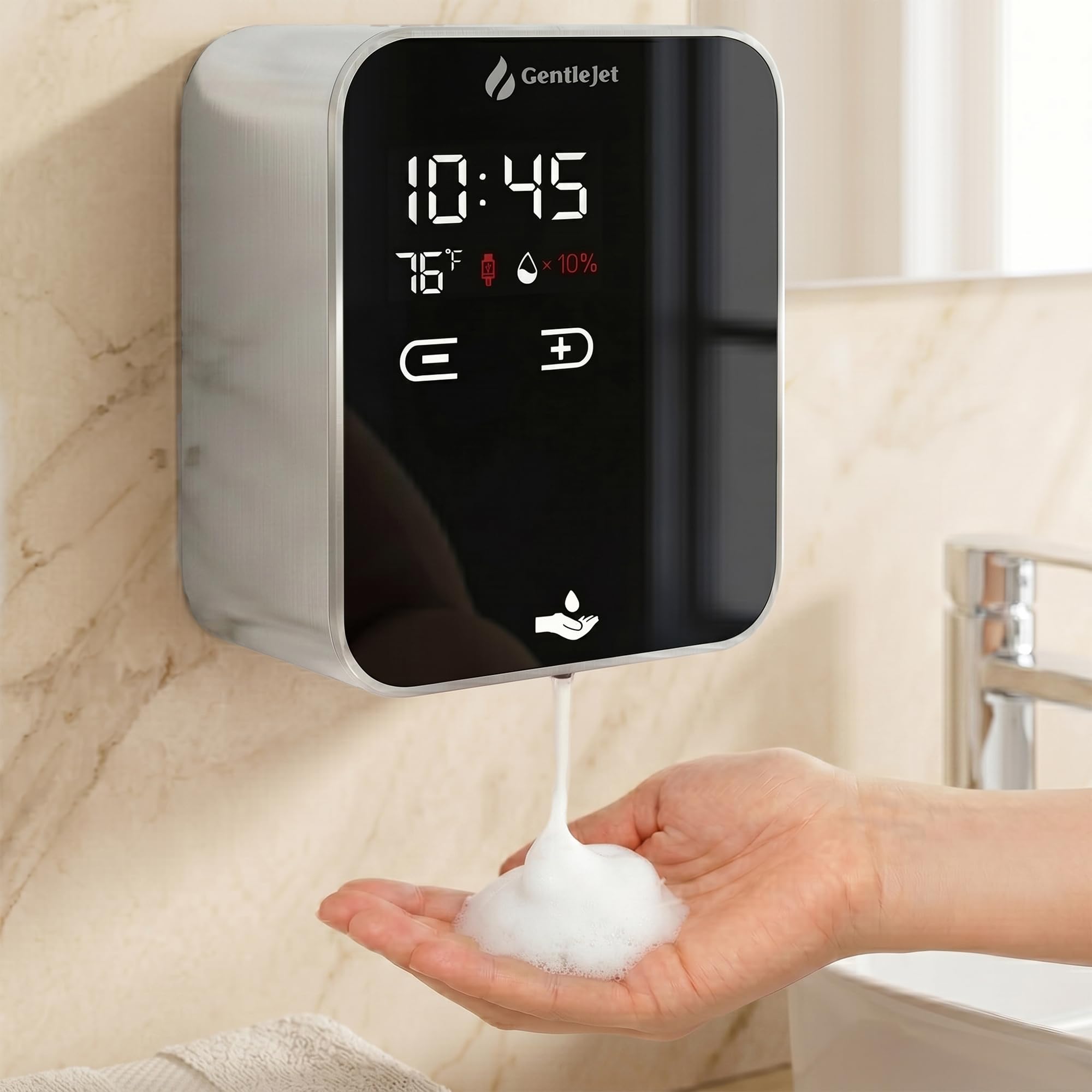 GentleJet AuraJet Automatic Foaming Soap Dispenser Wall Mount  Touchless Sensor, LED Display, 5 Foam Levels, Rechargable USB-C or Battery Powered, Aluminum Alloy, 480 ml Refillable