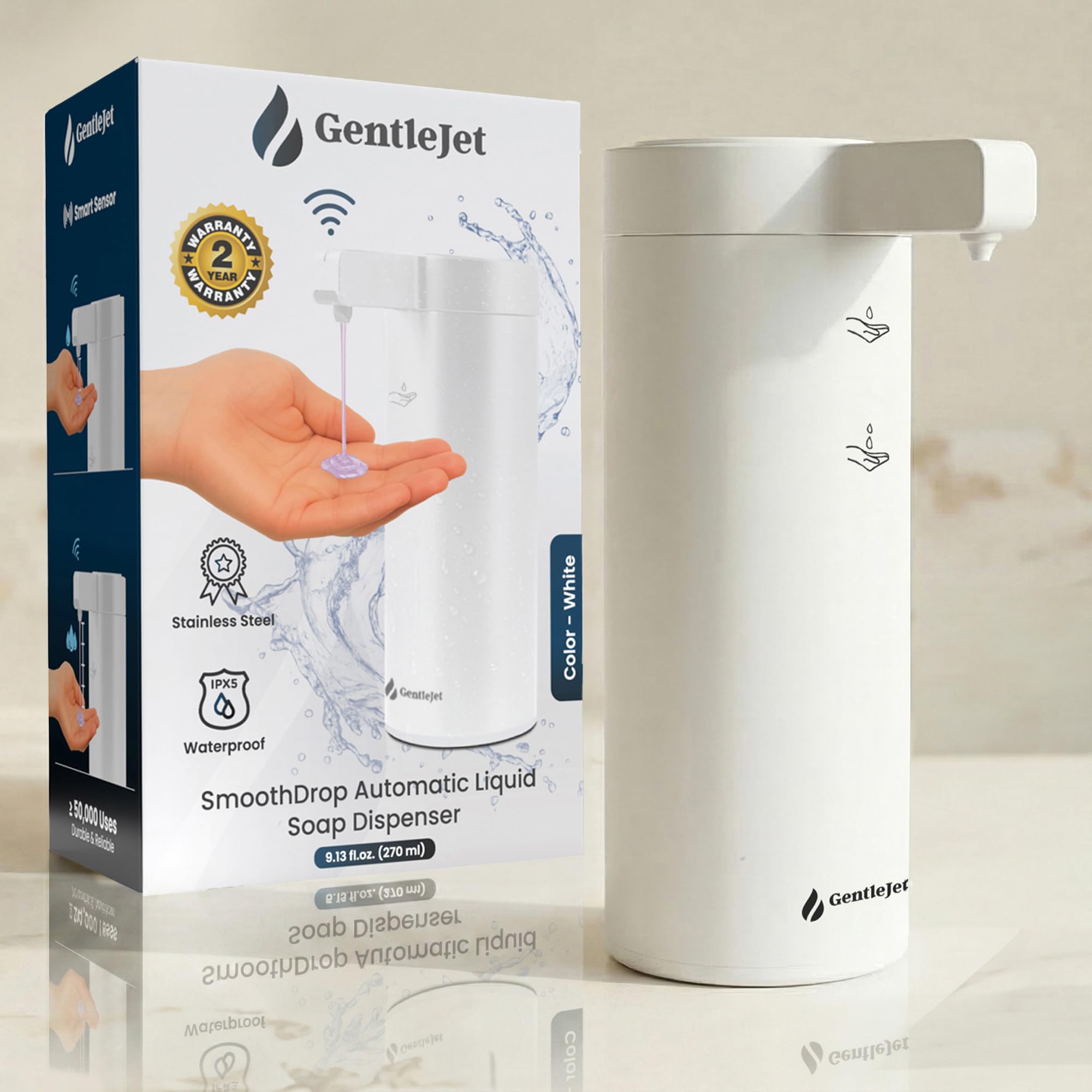 GentleJet SmoothDrop Automatic Liquid Soap Dispenser – Touchless Sensor, USB-C Rechargeable, 304 Stainless Steel, IPX5 Waterproof for Bathroom Kitchen Sink, 9 oz / 270 ml