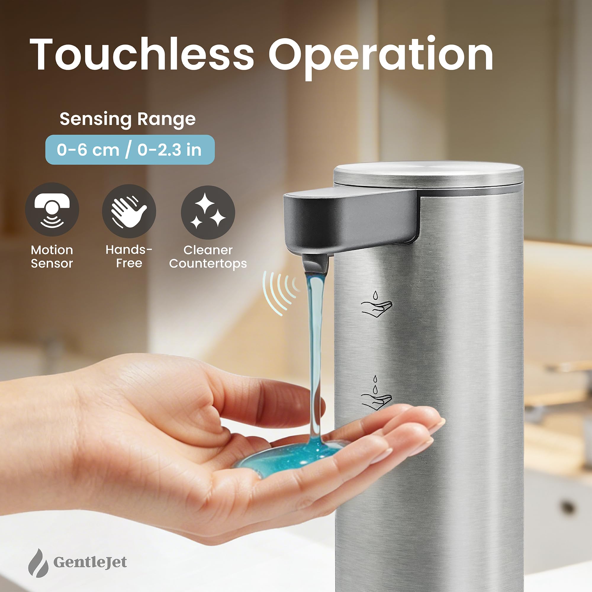 GentleJet OpalDrop Automatic Liquid Soap Dispenser – Touchless Sensor, USB-C Rechargeable, 304 Stainless Steel, IPX5 Water-Resistant for Kitchen Sink Bathroom, 9.13 oz / 270 ml