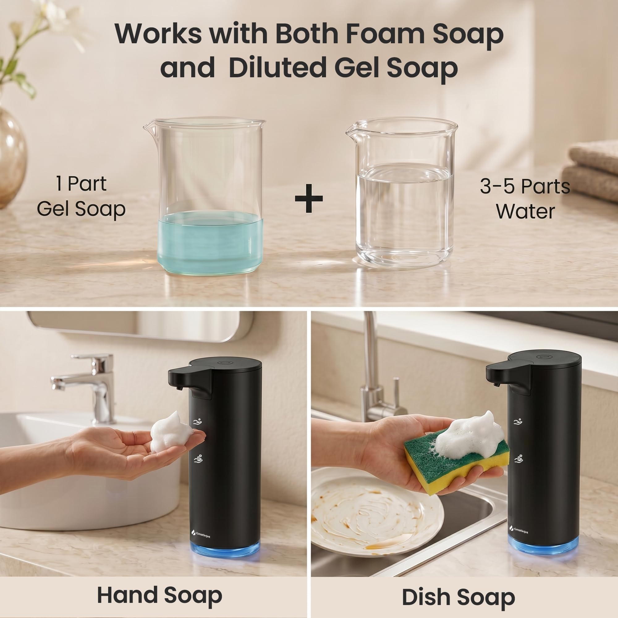 GentleJet EasyFoam Automatic Foaming Soap Dispenser – Touchless Sensor, USB-C Rechargeable, 304 Stainless Steel, IPX5 Waterproof for Bathroom Kitchen Sink, 9.5 oz / 280 ml