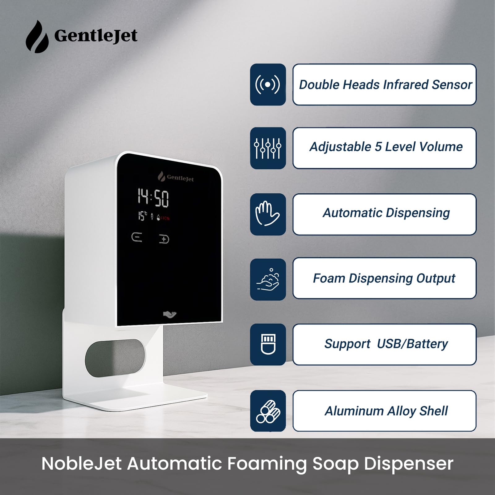GentleJet NobleJet Automatic Foaming Soap Dispenser Touchless Sensor, LED Display, 5 Foam Levels, Wall Mount or Countertop, Rechargable USB-C or Battery Powered, Aluminum Alloy, 480 ml Refillable