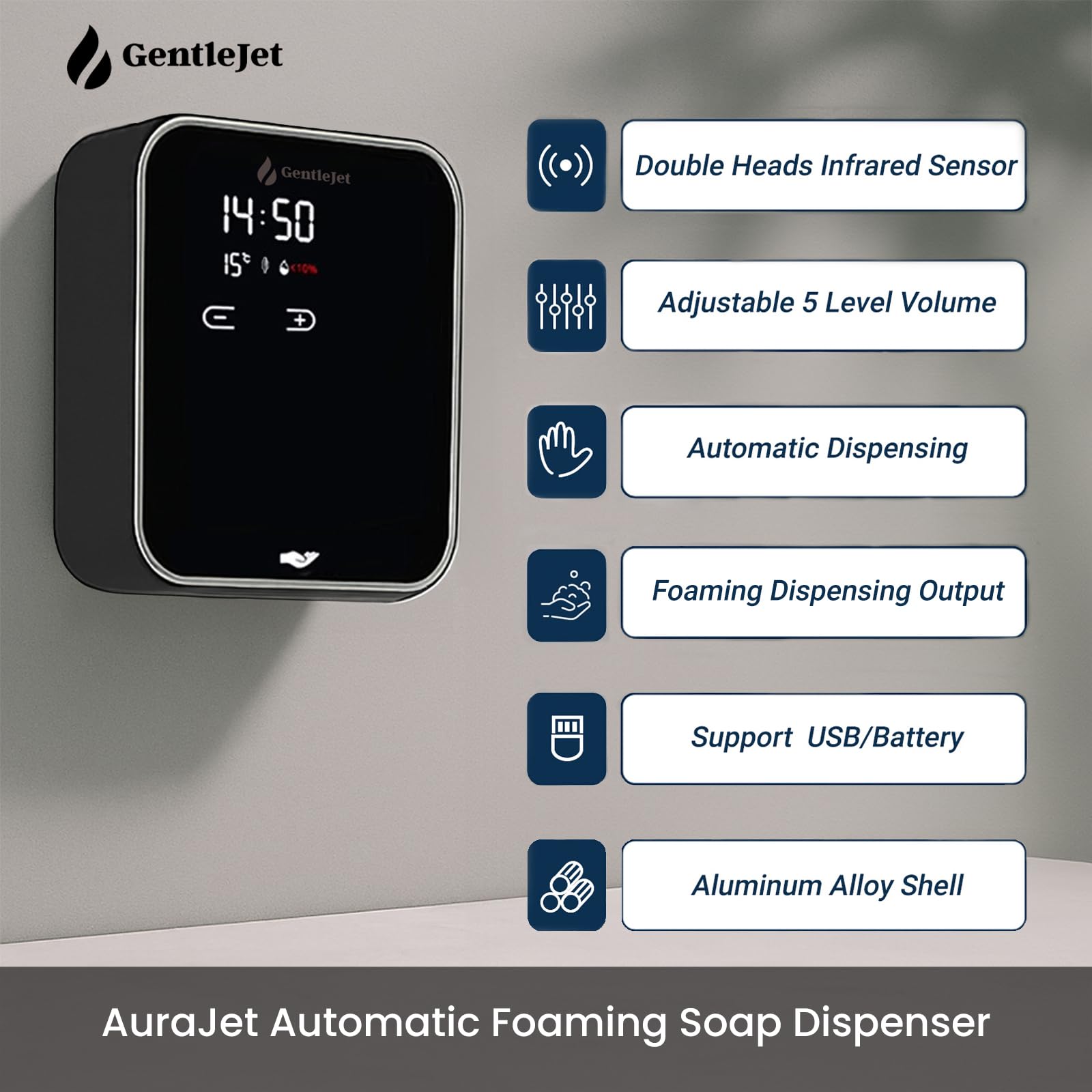 GentleJet AuraJet Automatic Foaming Soap Dispenser Wall Mount  Touchless Sensor, LED Display, 5 Foam Levels, Rechargable USB-C or Battery Powered, Aluminum Alloy, 480 ml Refillable