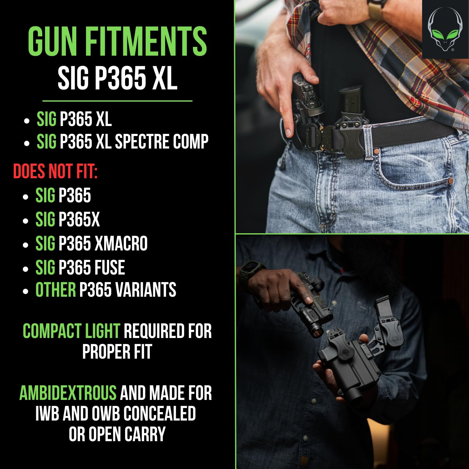 Alien Gear Photon Holster  Fits Sig P365 XL & P365 XL Spectre Comp  IWB & OWB  Ambidextrous  Optic Compatible  Compact Light Required (TLR-7 Sub/TCM-365 Only)  Made in USA