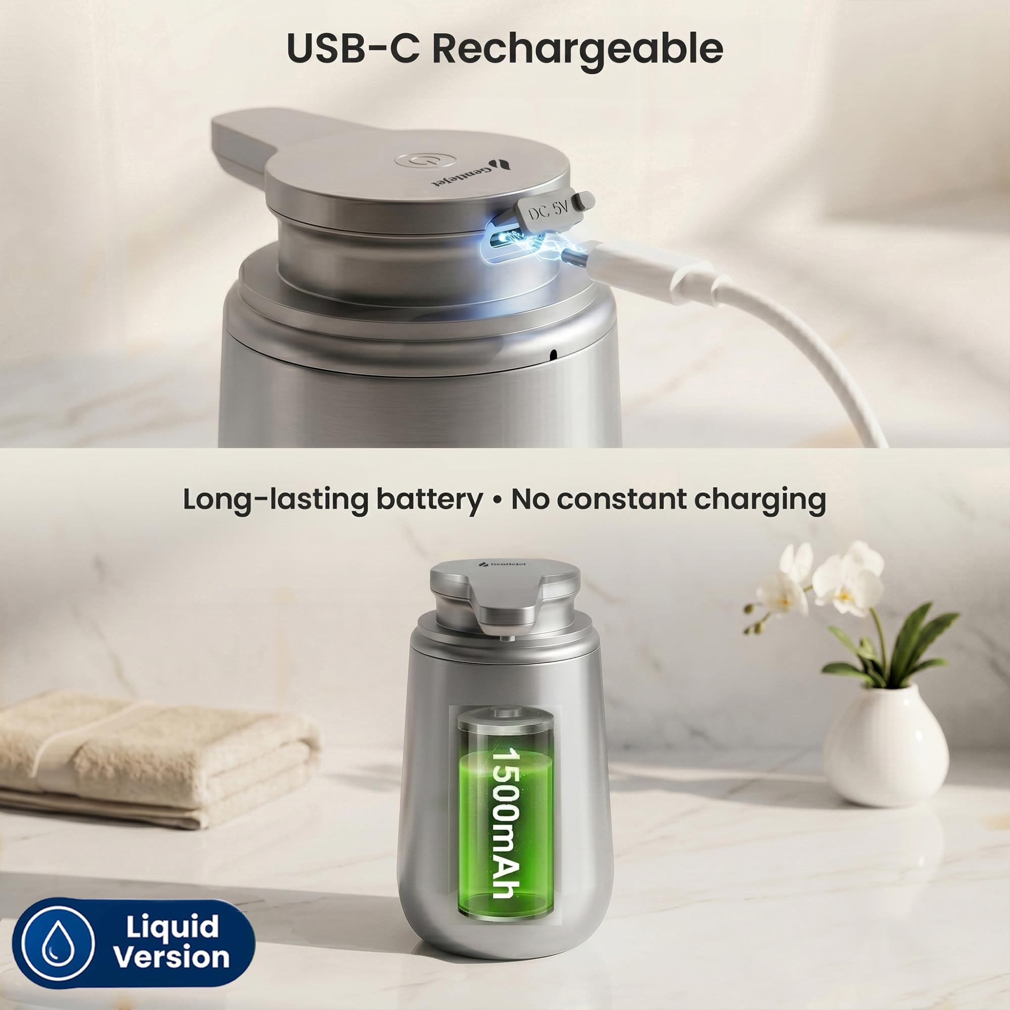 GentleJet NovaJet Automatic Liquid Soap Dispenser Touchless Sensor, USB-C Rechargeable, 304 Stainless Steel, IPX5 Waterproof for Bathroom Kitchen Sink, 10 oz / 300 ml