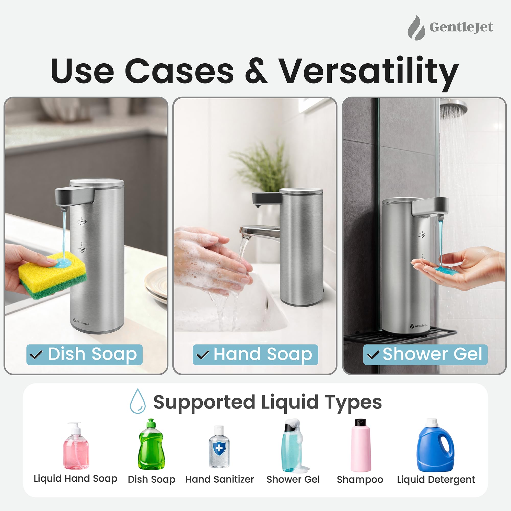GentleJet OpalDrop Automatic Liquid Soap Dispenser – Touchless Sensor, USB-C Rechargeable, 304 Stainless Steel, IPX5 Water-Resistant for Kitchen Sink Bathroom, 9.13 oz / 270 ml