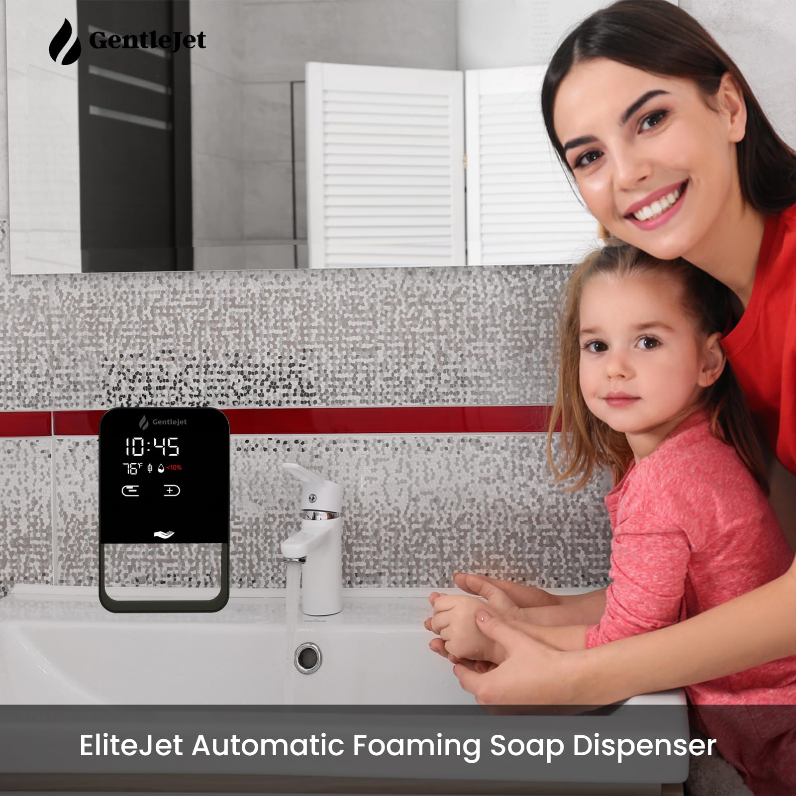 GentleJet EliteJet Automatic Foaming Soap Dispenser Touchless Sensor, LED Display, 5 Foam Levels, Wall Mount or Countertop, Rechargable USB-C or Battery Powered, Aluminum Alloy, 480 ml Refillable