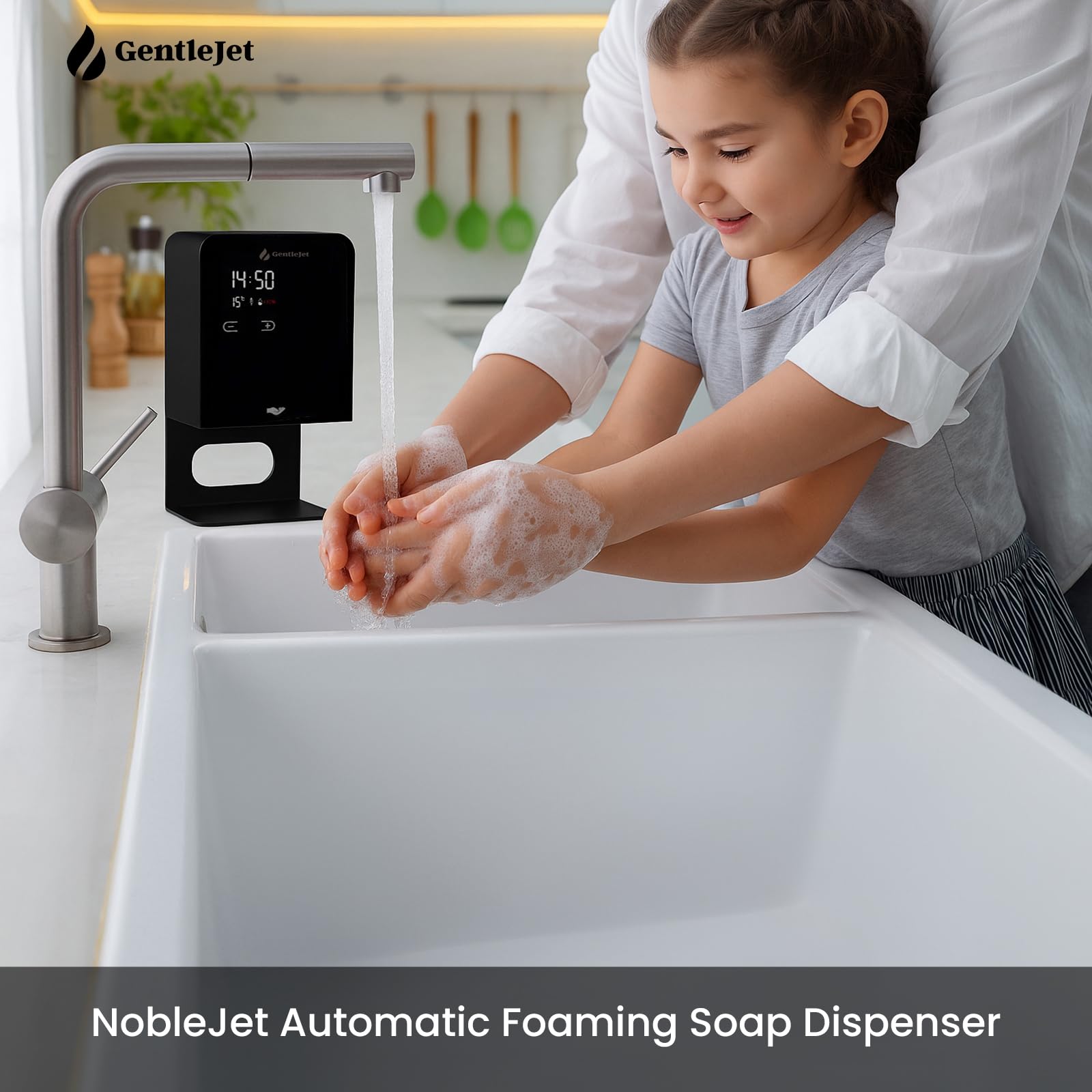GentleJet NobleJet Automatic Foaming Soap Dispenser Touchless Sensor, LED Display, 5 Foam Levels, Wall Mount or Countertop, Rechargable USB-C or Battery Powered, Aluminum Alloy, 480 ml Refillable