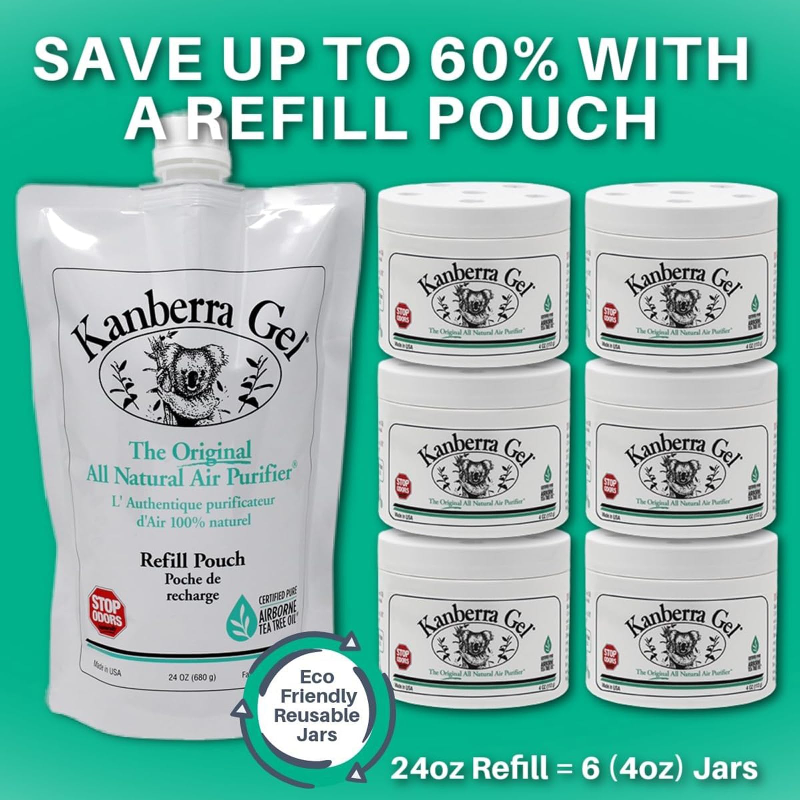 Kanberra Gel Refill Pouch 24oz - All-Natural Tea Tree Oil Odor Eliminator & Air Freshener for Home, Car, RV, Boat, Gym Bag | Eco-Friendly, Long-Lasting Formula, Safe for Pets and Family