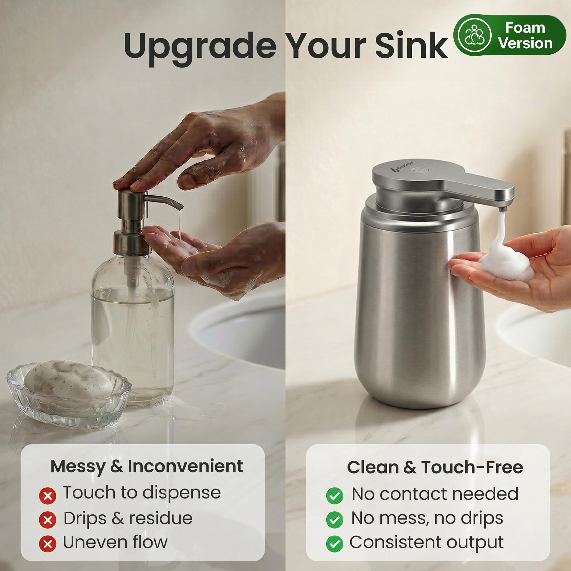 GentleJet NovaJet Automatic Foaming Soap Dispenser Touchless Sensor, USB-C Rechargeable, 304 Stainless Steel, IPX5 Waterproof for Bathroom Kitchen Sink, 12 oz / 350 ml