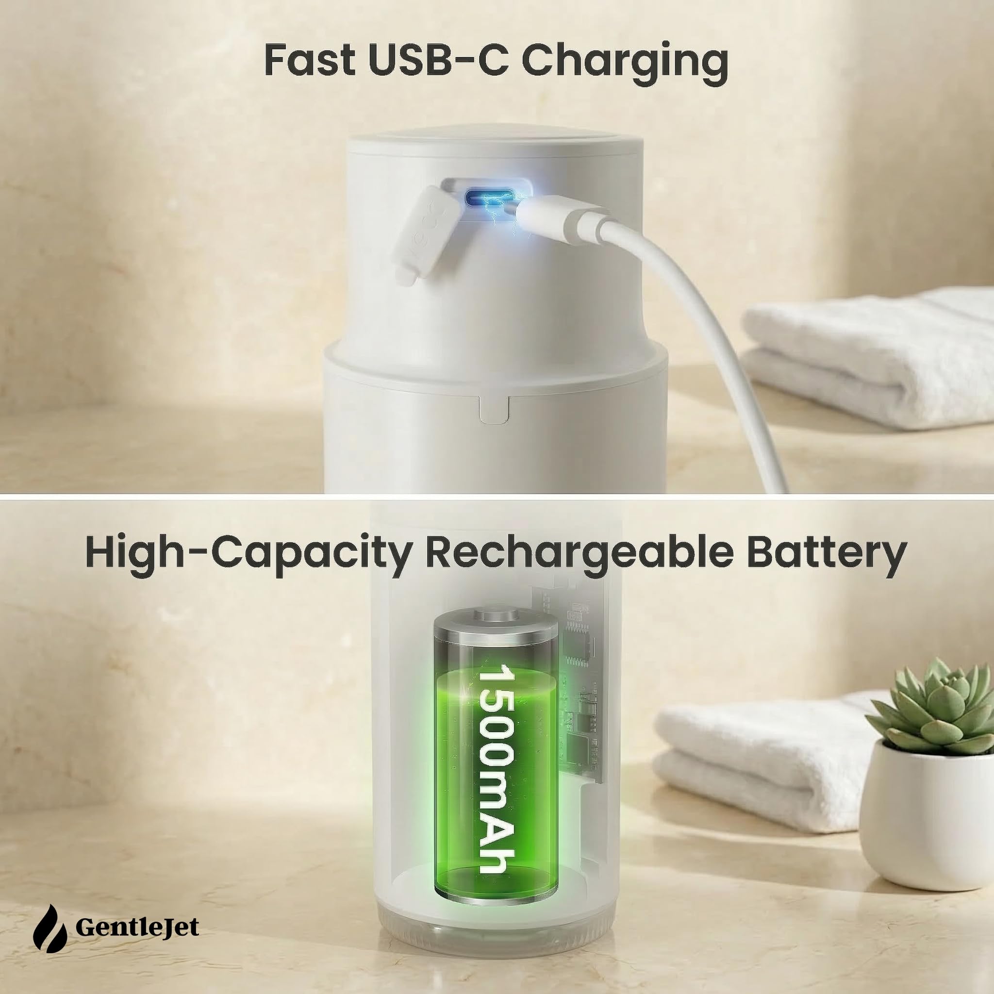 GentleJet CrystalJet Automatic Foaming Soap Dispenser – Touchless Sensor, USB-C Rechargeable, 304 Stainless Steel, IPX5 Waterproof for Bathroom Kitchen Sink, 10 fl oz / 300 ml