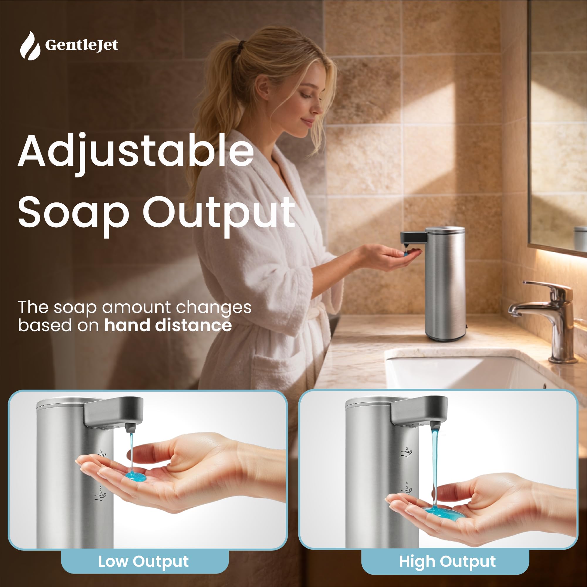 GentleJet OpalDrop Automatic Liquid Soap Dispenser – Touchless Sensor, USB-C Rechargeable, 304 Stainless Steel, IPX5 Water-Resistant for Kitchen Sink Bathroom, 9.13 oz / 270 ml