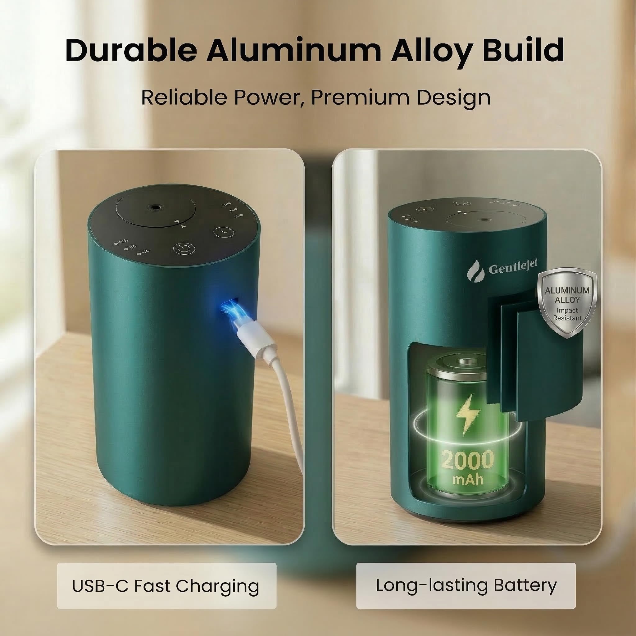 GentleJet LiteMist Waterless Nebulizing Essential Oil Diffuser – Cold Air Aromatherapy, USB-C Cordless 2000mAh Battery, Aluminum Portable for Home Office Car, 20ml
