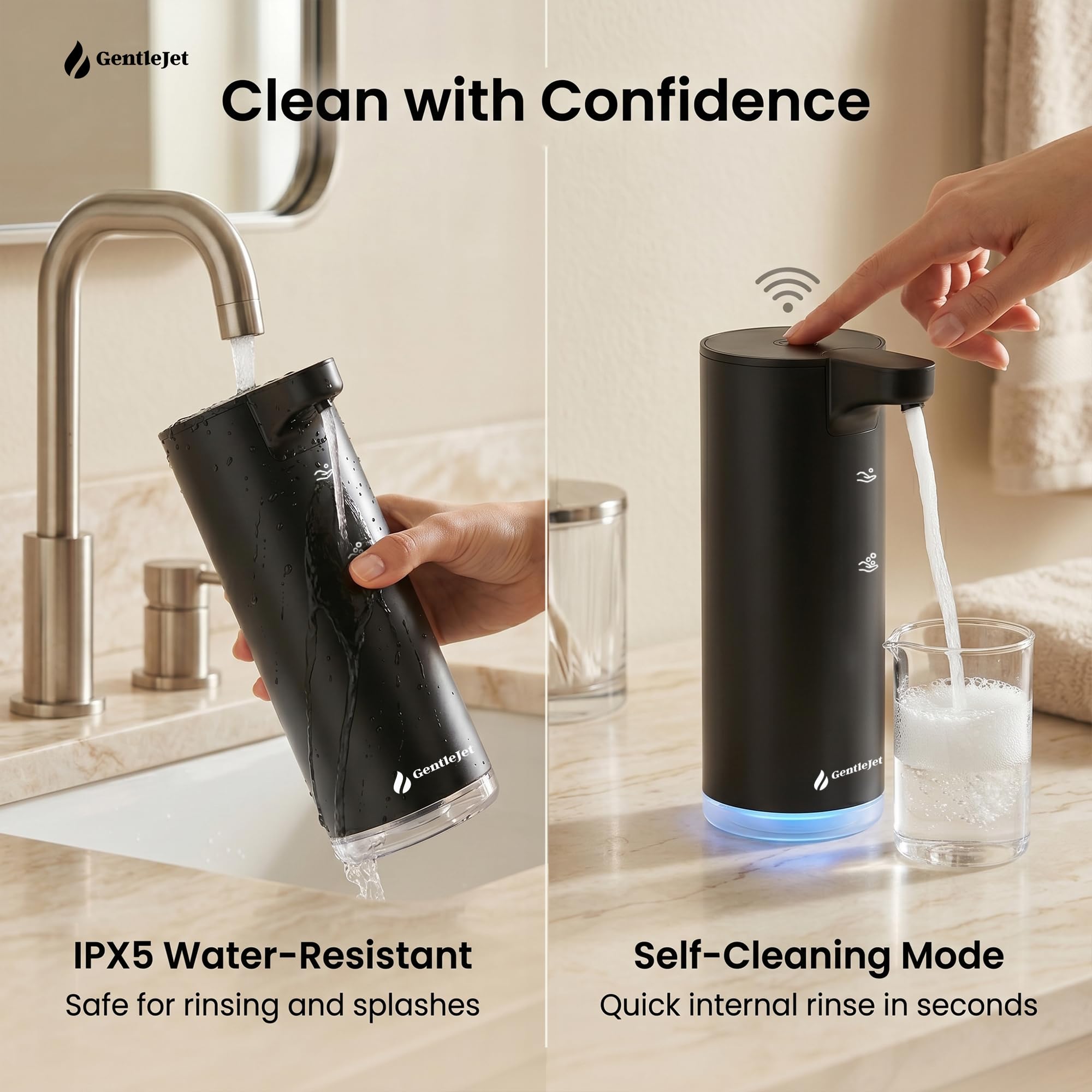 GentleJet EasyFoam Automatic Foaming Soap Dispenser – Touchless Sensor, USB-C Rechargeable, 304 Stainless Steel, IPX5 Waterproof for Bathroom Kitchen Sink, 9.5 oz / 280 ml