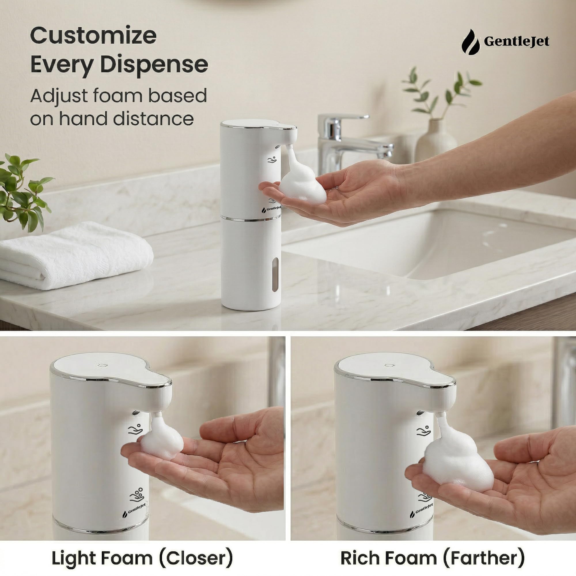 GentleJet JetFoam Automatic Foam Soap Dispenser Touchless Sensor, USB-C Rechargeable, Adjustable Output, IPX5 Waterproof, 300 ml, Bathroom & Kitchen Countertop