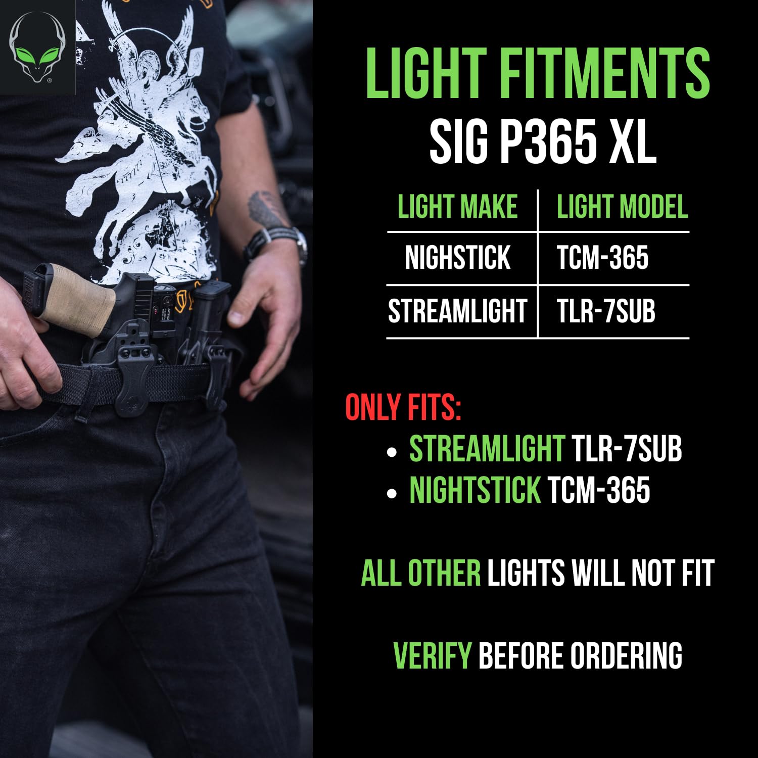 Alien Gear Photon Holster  Fits Sig P365 XL & P365 XL Spectre Comp  IWB & OWB  Ambidextrous  Optic Compatible  Compact Light Required (TLR-7 Sub/TCM-365 Only)  Made in USA