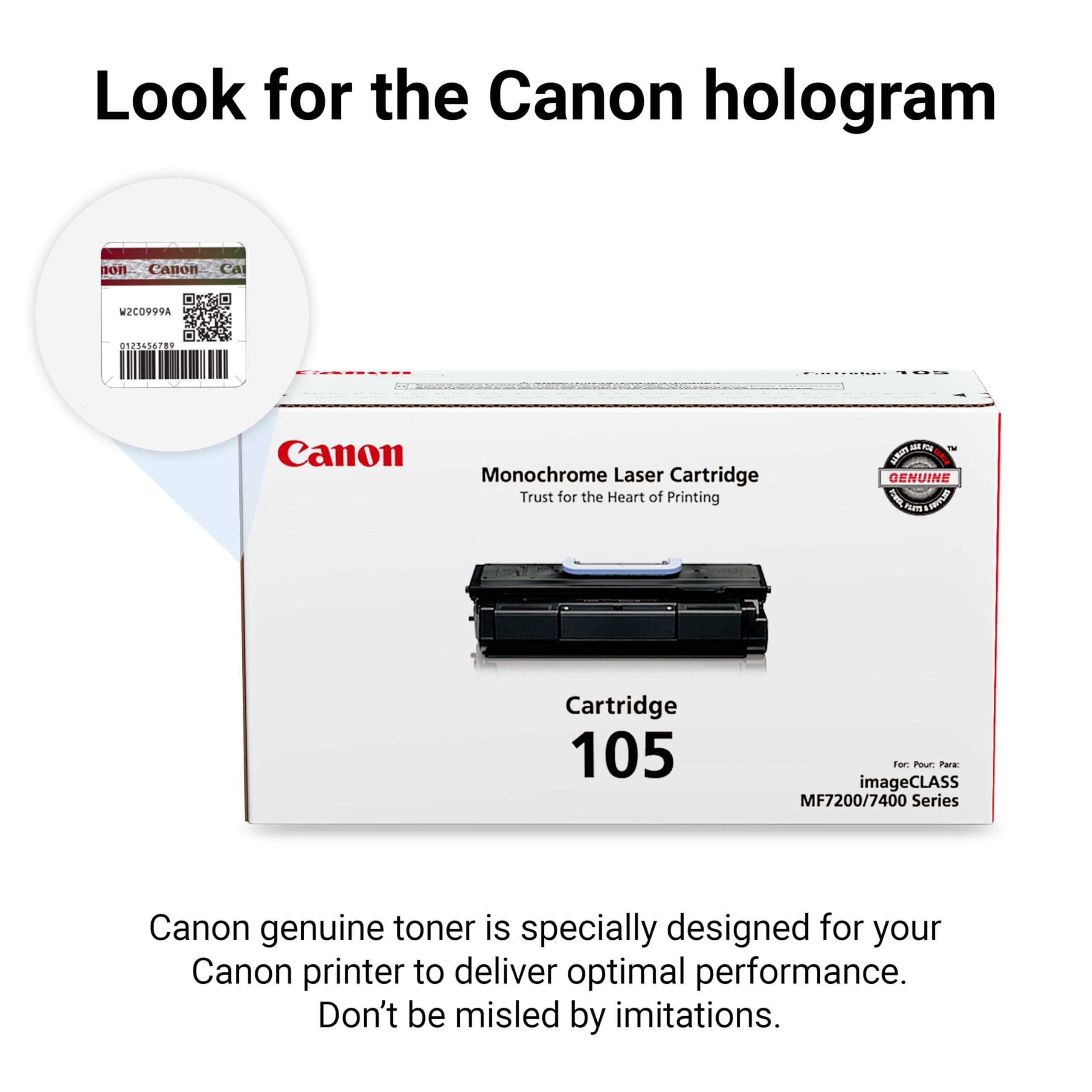 Canon Genuine Toner, Cartridge 105 Black (0265B001), 1 Pack, for Canon imageCLASS MF7280, MF7460, MF7470, MF7480 Laser Printer