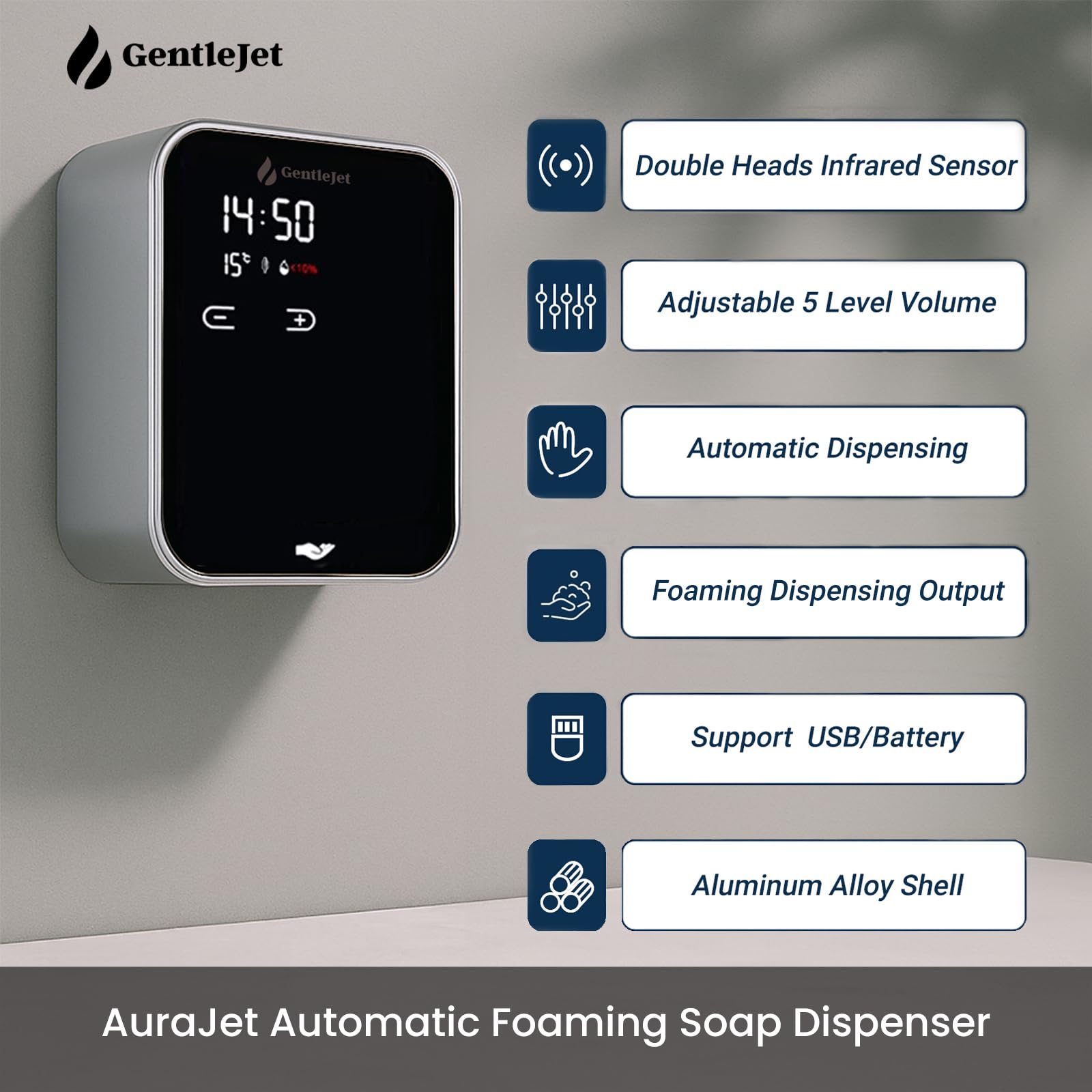 GentleJet AuraJet Automatic Foaming Soap Dispenser Wall Mount  Touchless Sensor, LED Display, 5 Foam Levels, Rechargable USB-C or Battery Powered, Aluminum Alloy, 480 ml Refillable