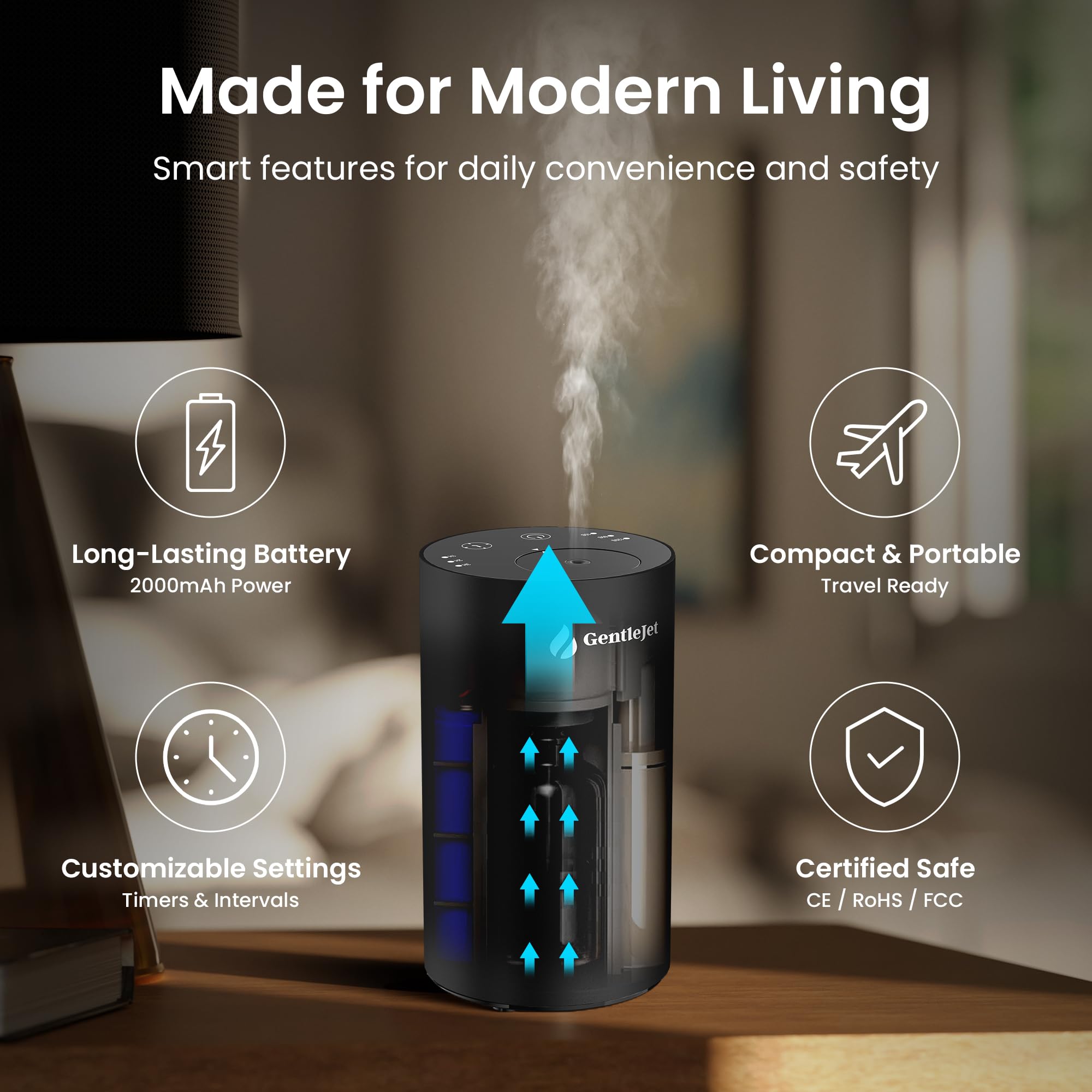 GentleJet LiteMist Waterless Nebulizing Essential Oil Diffuser – Cold Air Aromatherapy, USB-C Cordless 2000mAh Battery, Aluminum Portable for Home Office Car, 20ml