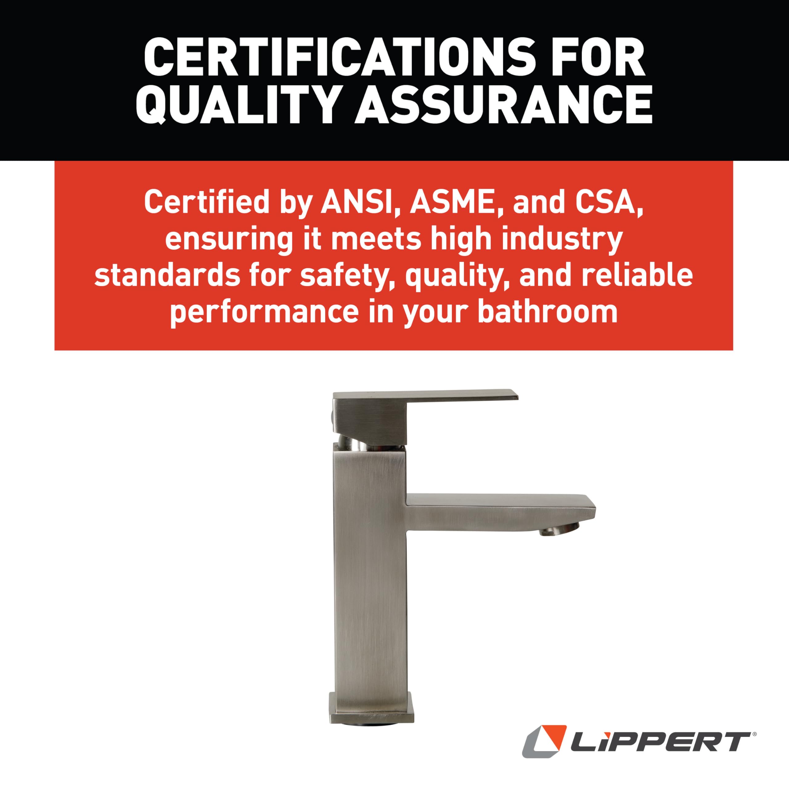 Lippert Flow Max Square Bathroom Faucet with 304-Grade Stainless Steel Construction, Single-Handle Operation, Single-Hole Installation, 2.2 GPM Flow Rate for RVs and Residential Spaces - 2024025311