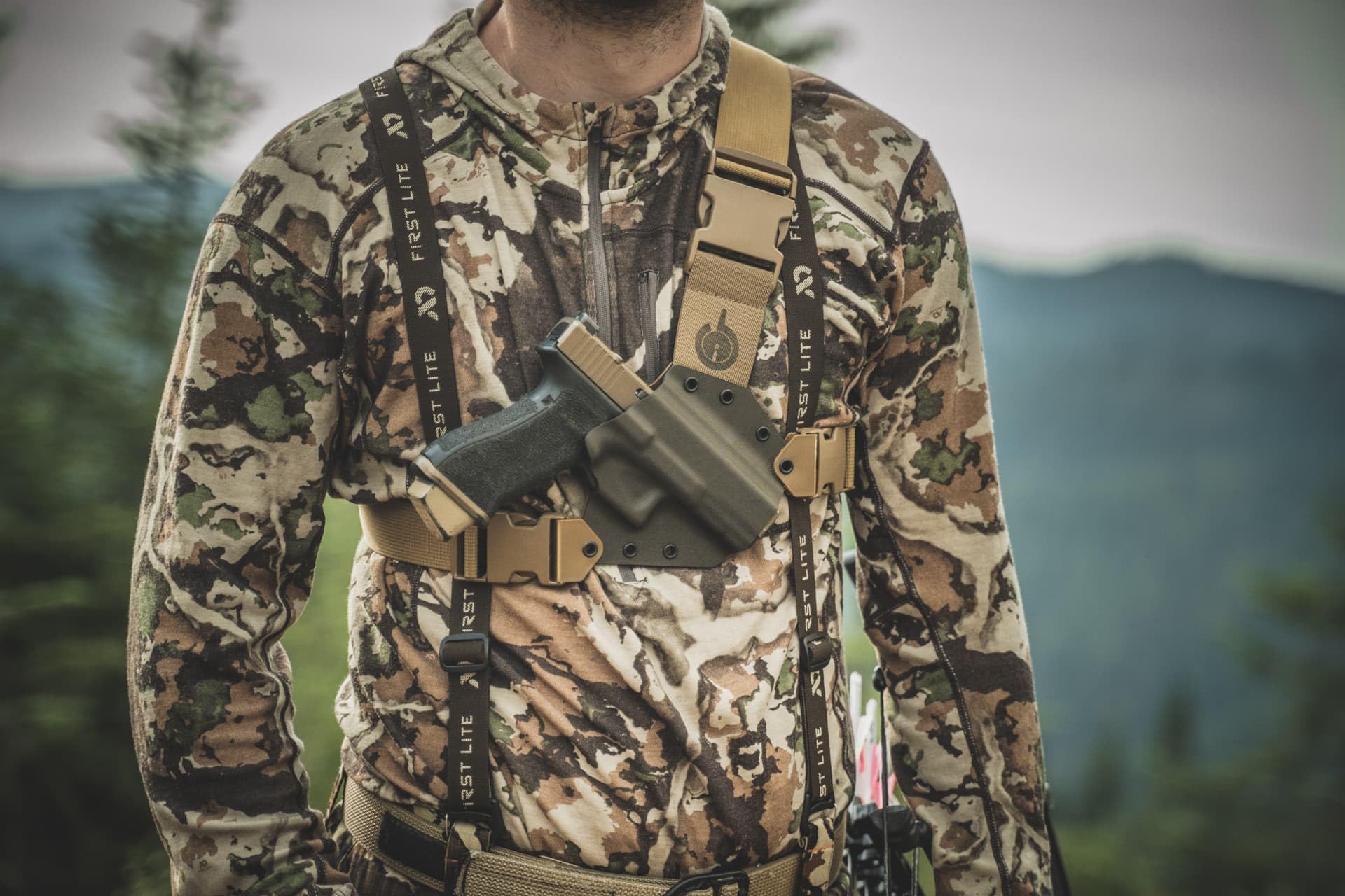 GunfightersINC Kenai Chest Holster for a Sig P320 X-Ten, Right Hand, Mas/Grey-Coyote Tan