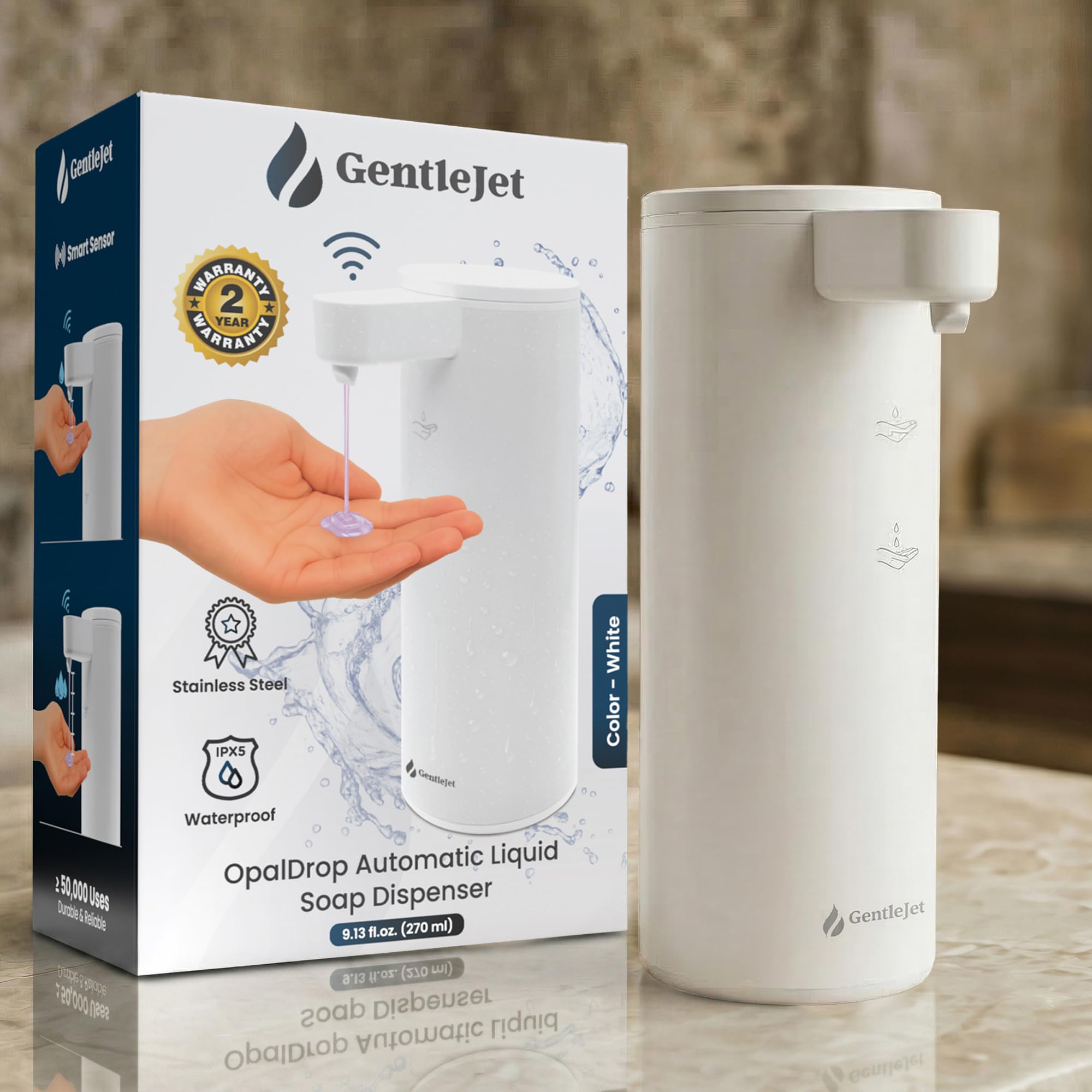 GentleJet OpalDrop Automatic Liquid Soap Dispenser – Touchless Sensor, USB-C Rechargeable, 304 Stainless Steel, IPX5 Water-Resistant for Kitchen Sink Bathroom, 9.13 oz / 270 ml