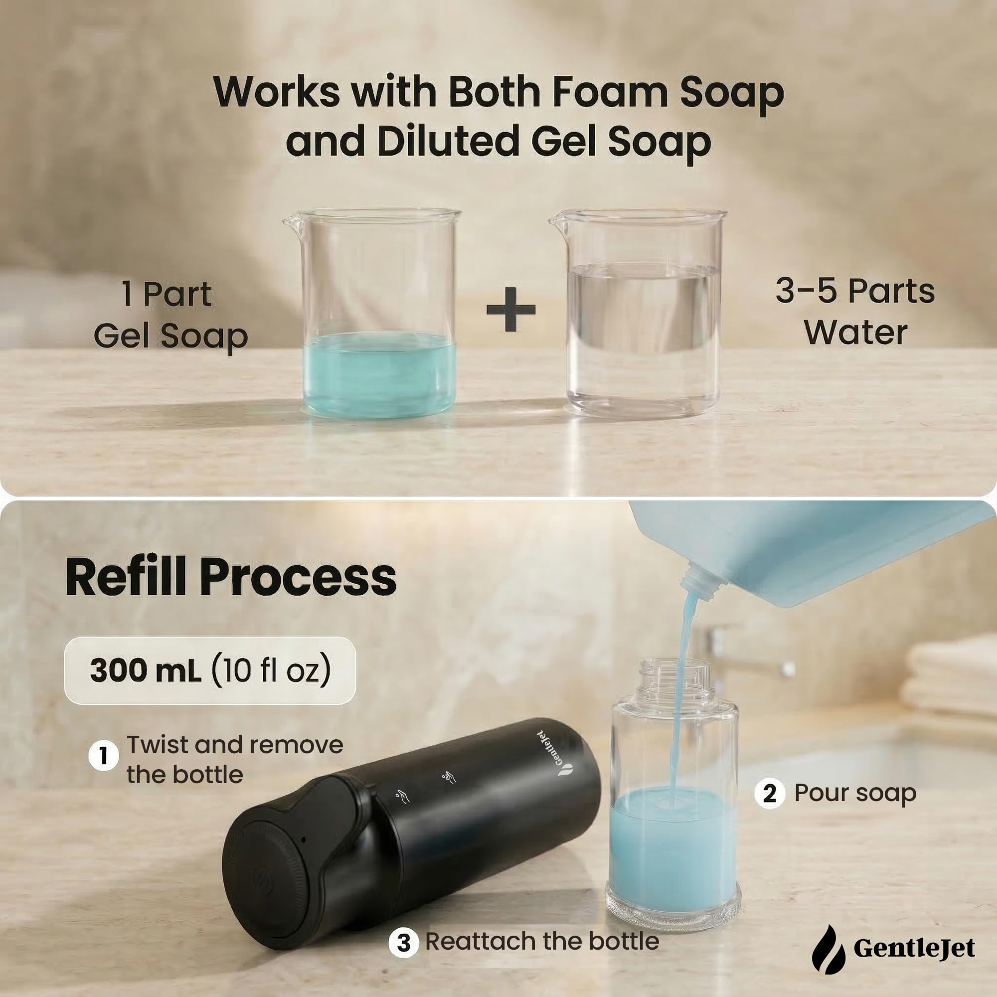 GentleJet CrystalJet Automatic Foaming Soap Dispenser – Touchless Sensor, USB-C Rechargeable, 304 Stainless Steel, IPX5 Waterproof for Bathroom Kitchen Sink, 10 fl oz / 300 ml