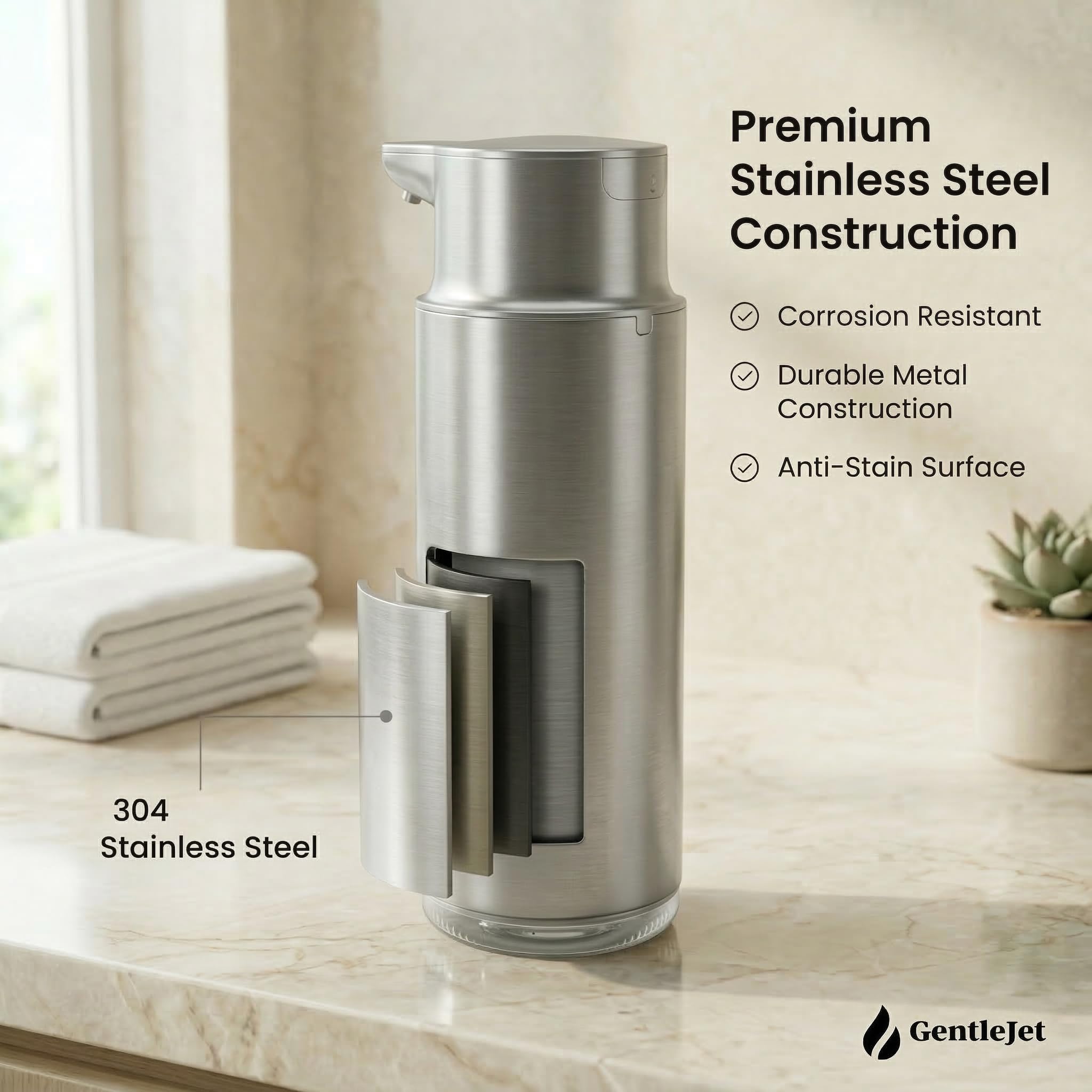 GentleJet CrystalJet Automatic Liquid Soap Dispenser – Touchless Sensor, USB-C Rechargeable, 304 Stainless Steel, IPX5 Waterproof for Bathroom Kitchen Sink, 10 fl oz / 300 ml