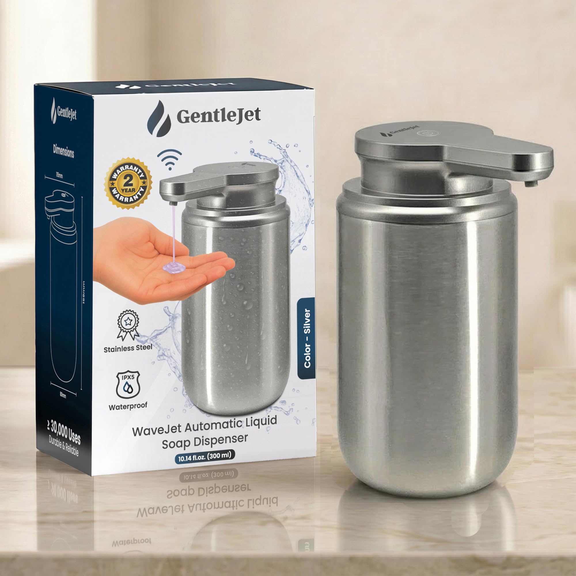 GentleJet WaveJet Automatic Liquid Soap Dispenser Touchless Sensor, USB-C Rechargeable, 304 Stainless Steel, IPX5 Waterproof for Bathroom Kitchen Sink, 10 oz / 300 ml