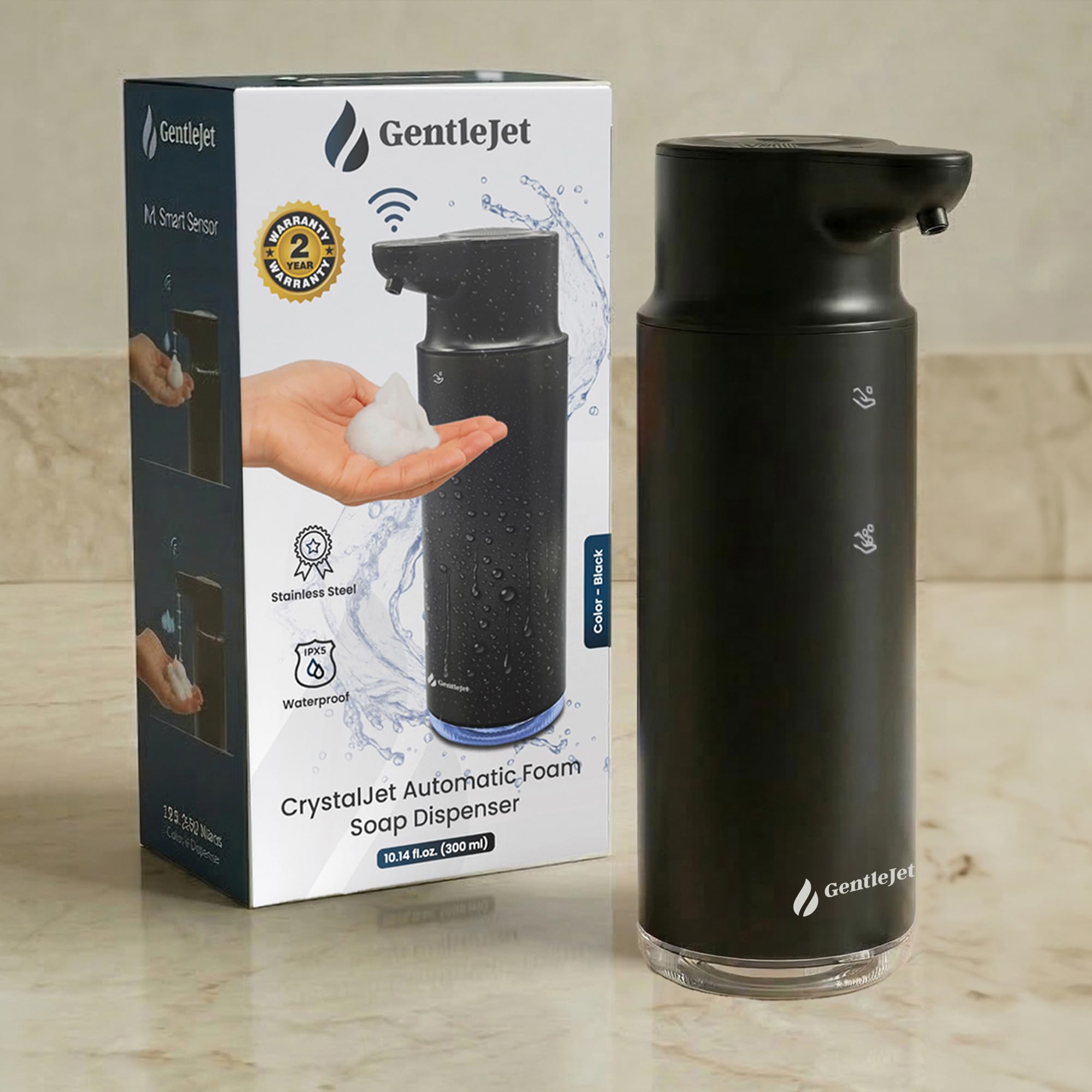 GentleJet CrystalJet Automatic Foaming Soap Dispenser – Touchless Sensor, USB-C Rechargeable, 304 Stainless Steel, IPX5 Waterproof for Bathroom Kitchen Sink, 10 fl oz / 300 ml
