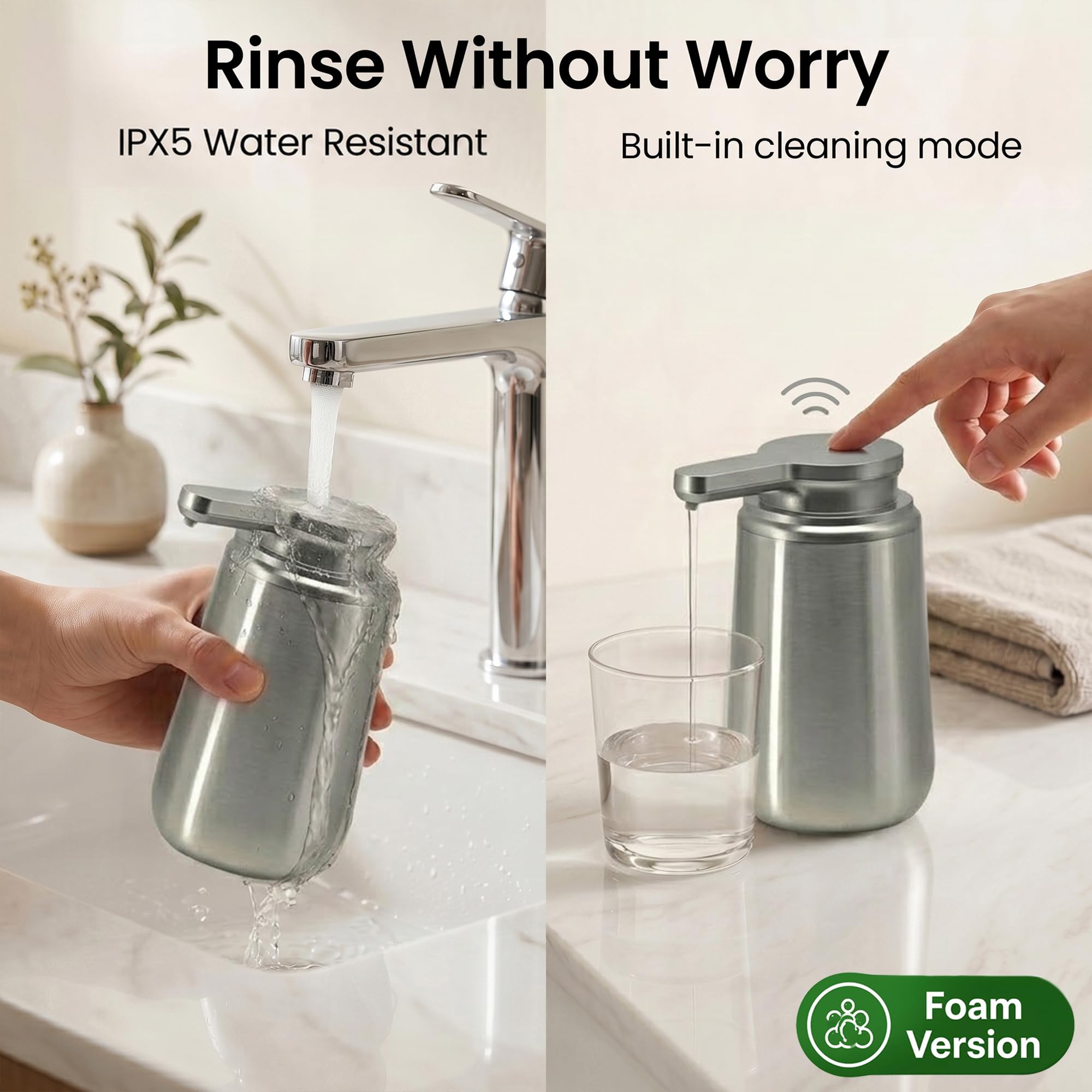GentleJet NovaJet Automatic Foaming Soap Dispenser Touchless Sensor, USB-C Rechargeable, 304 Stainless Steel, IPX5 Waterproof for Bathroom Kitchen Sink, 12 oz / 350 ml