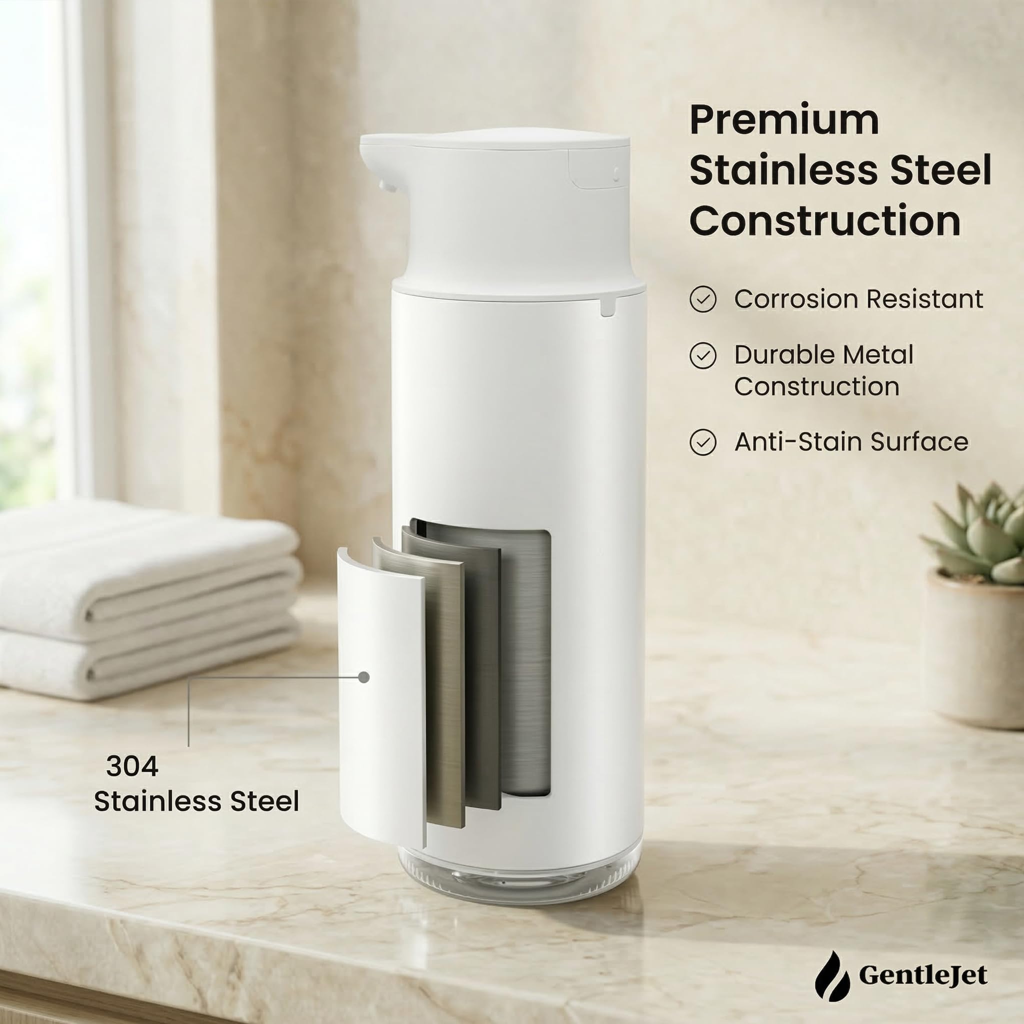 GentleJet CrystalJet Automatic Foaming Soap Dispenser – Touchless Sensor, USB-C Rechargeable, 304 Stainless Steel, IPX5 Waterproof for Bathroom Kitchen Sink, 10 fl oz / 300 ml