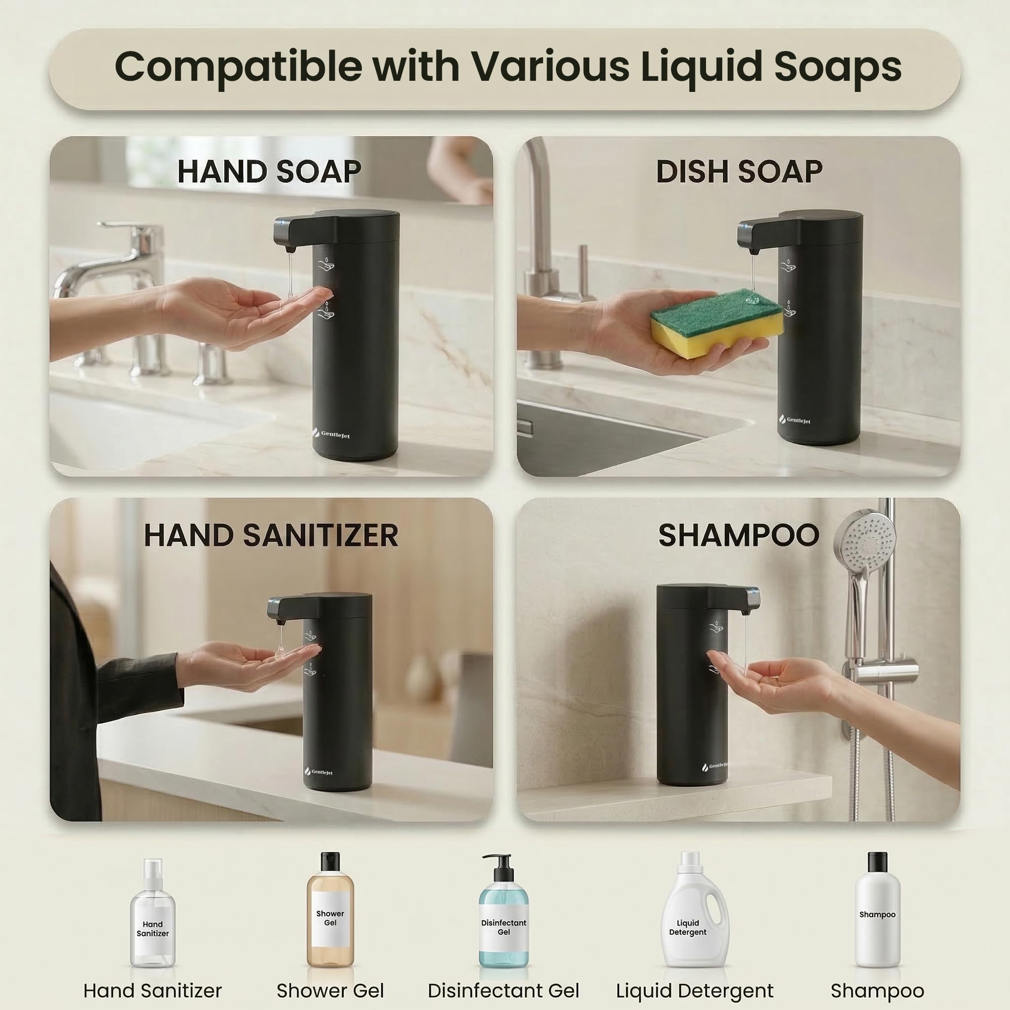 GentleJet SmoothDrop Automatic Liquid Soap Dispenser – Touchless Sensor, USB-C Rechargeable, 304 Stainless Steel, IPX5 Waterproof for Bathroom Kitchen Sink, 9 oz / 270 ml