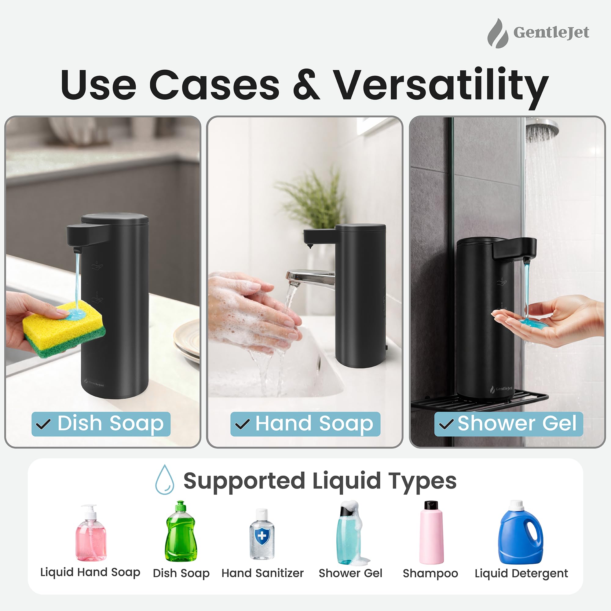 GentleJet OpalDrop Automatic Liquid Soap Dispenser – Touchless Sensor, USB-C Rechargeable, 304 Stainless Steel, IPX5 Water-Resistant for Kitchen Sink Bathroom, 9.13 oz / 270 ml