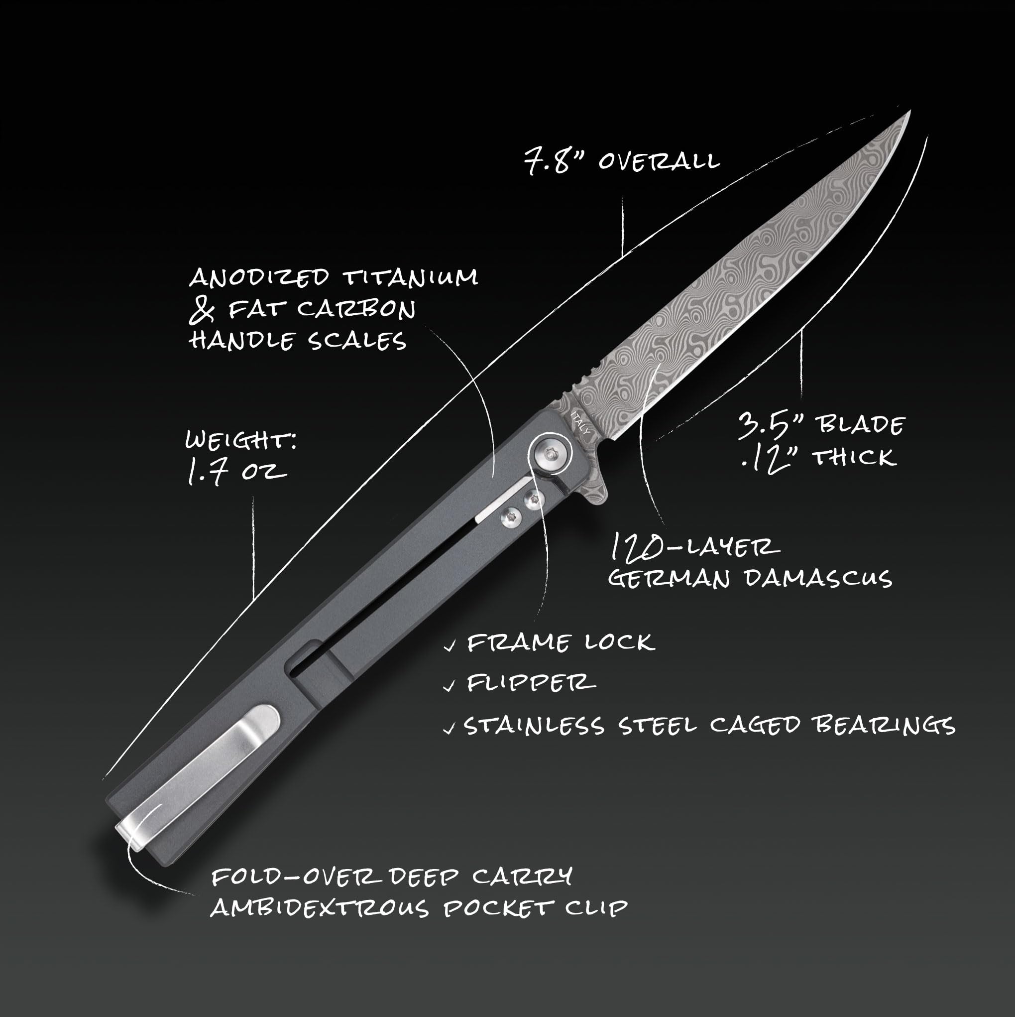 Ocaso - Solstice Gentleman's Knife, 3.5" 120-Layer German Damascus Steel, Carbon Fiber and Titanium Handle, Ambidextrous Deep Carry Pocket Clip, Dark Matter Red 10IFR