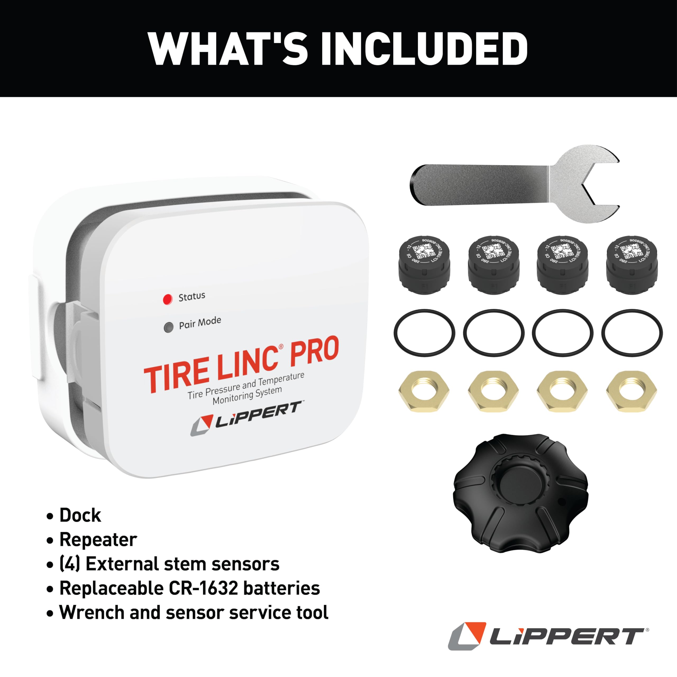 Lippert Tire LINC PRO RV Tire Pressure/Temperature Monitoring System (TPMS) 4-Tire Bundle with External Stem Sensors, Repeater, and Dock #2024115889