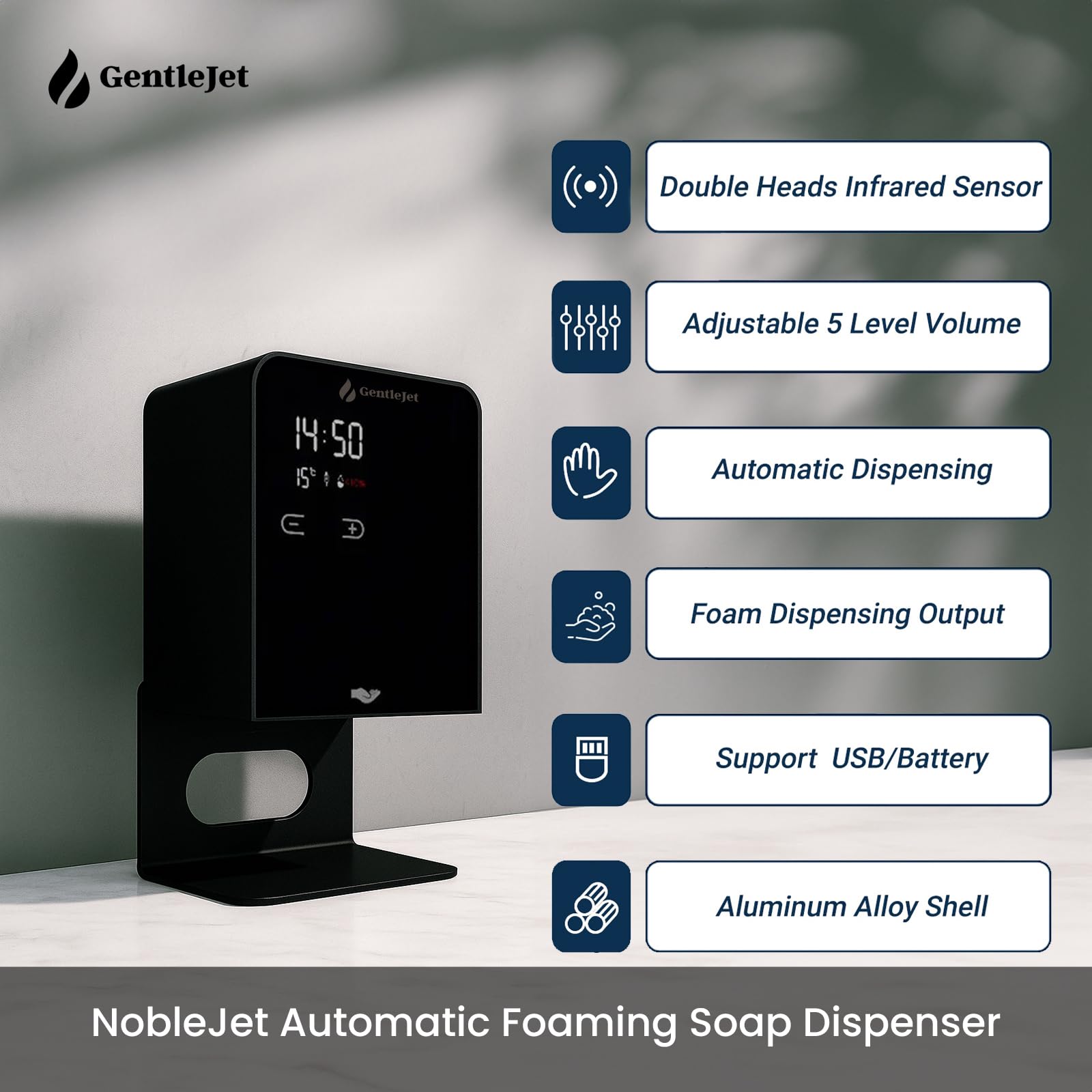 GentleJet NobleJet Automatic Foaming Soap Dispenser Touchless Sensor, LED Display, 5 Foam Levels, Wall Mount or Countertop, Rechargable USB-C or Battery Powered, Aluminum Alloy, 480 ml Refillable