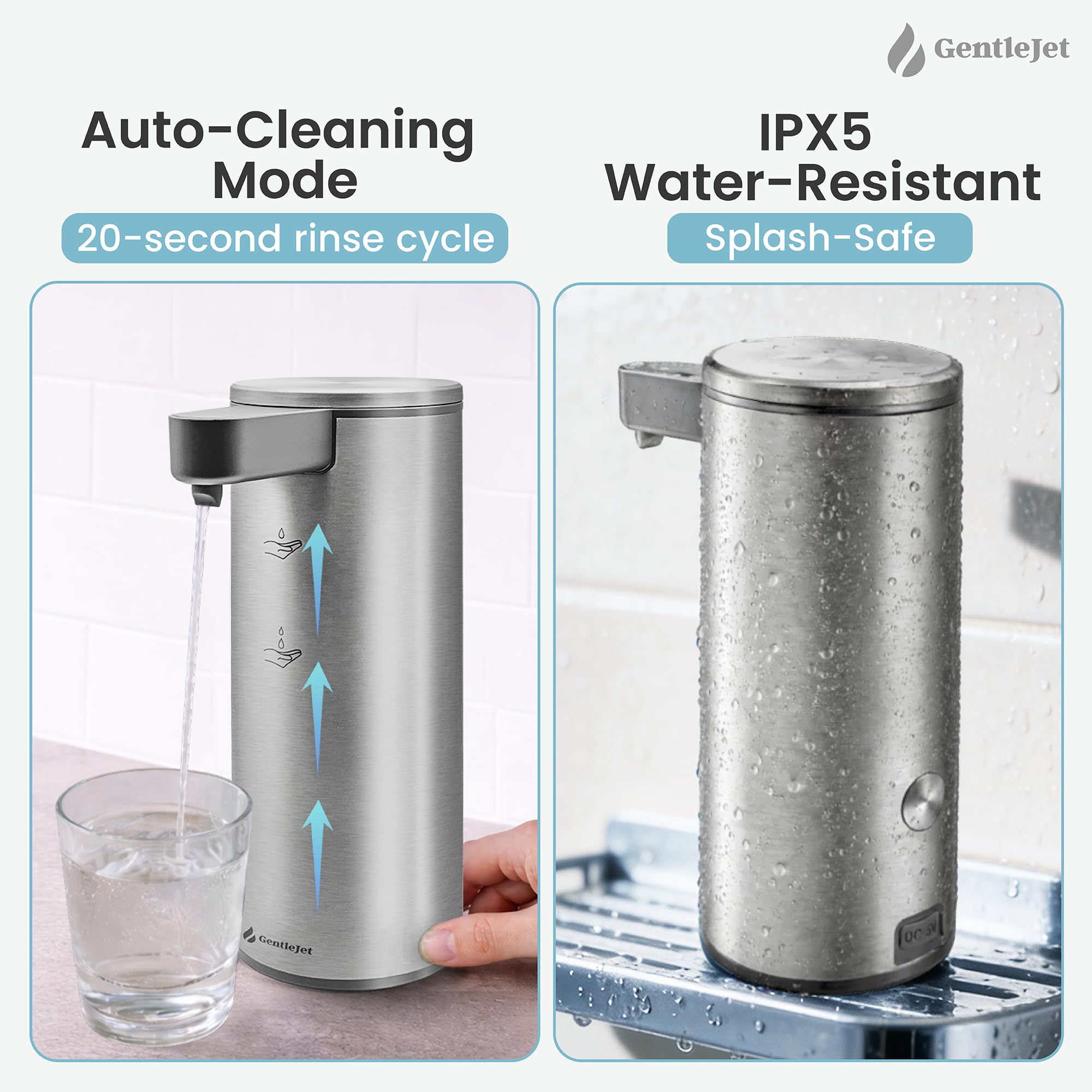 GentleJet OpalDrop Automatic Liquid Soap Dispenser – Touchless Sensor, USB-C Rechargeable, 304 Stainless Steel, IPX5 Water-Resistant for Kitchen Sink Bathroom, 9.13 oz / 270 ml