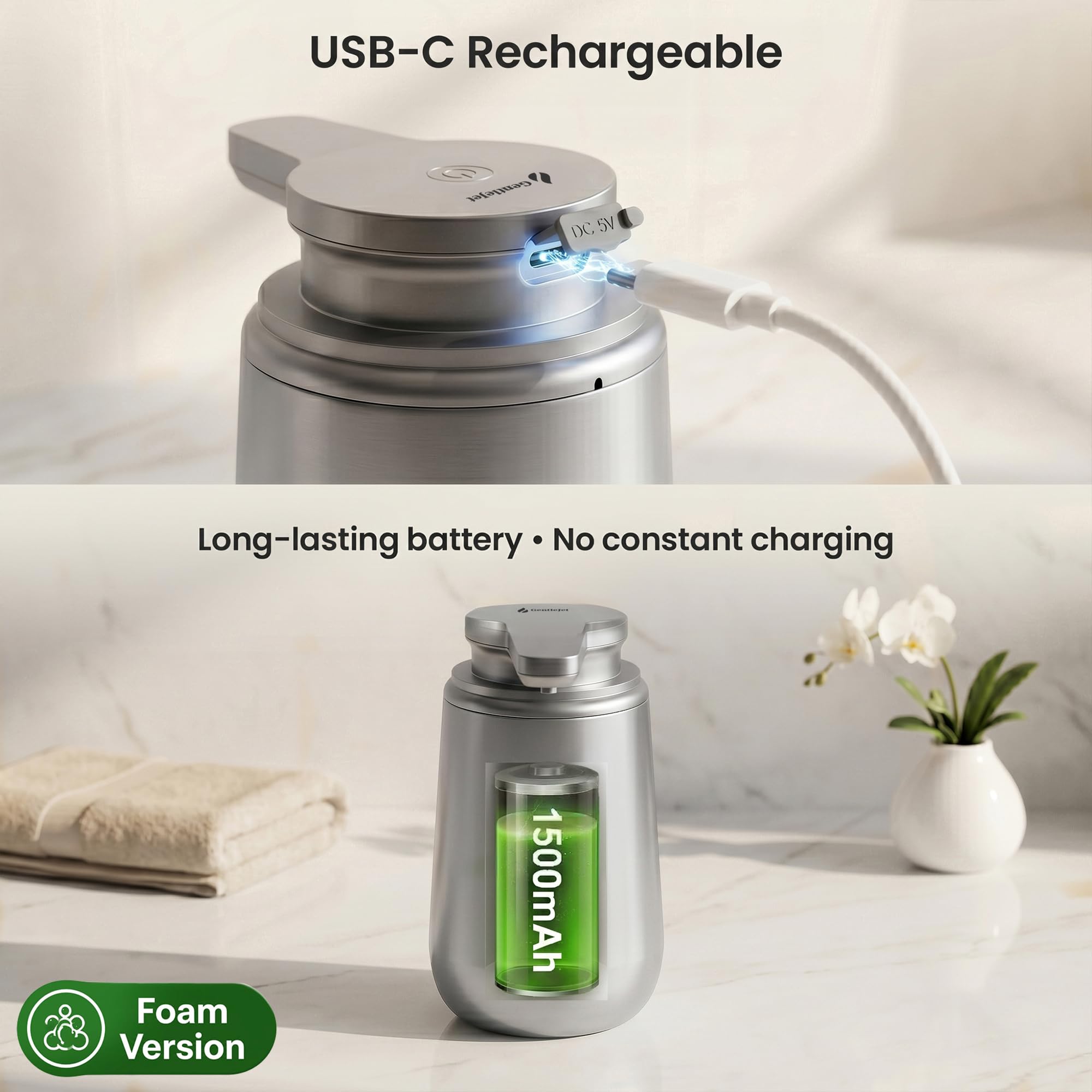 GentleJet NovaJet Automatic Foaming Soap Dispenser Touchless Sensor, USB-C Rechargeable, 304 Stainless Steel, IPX5 Waterproof for Bathroom Kitchen Sink, 12 oz / 350 ml
