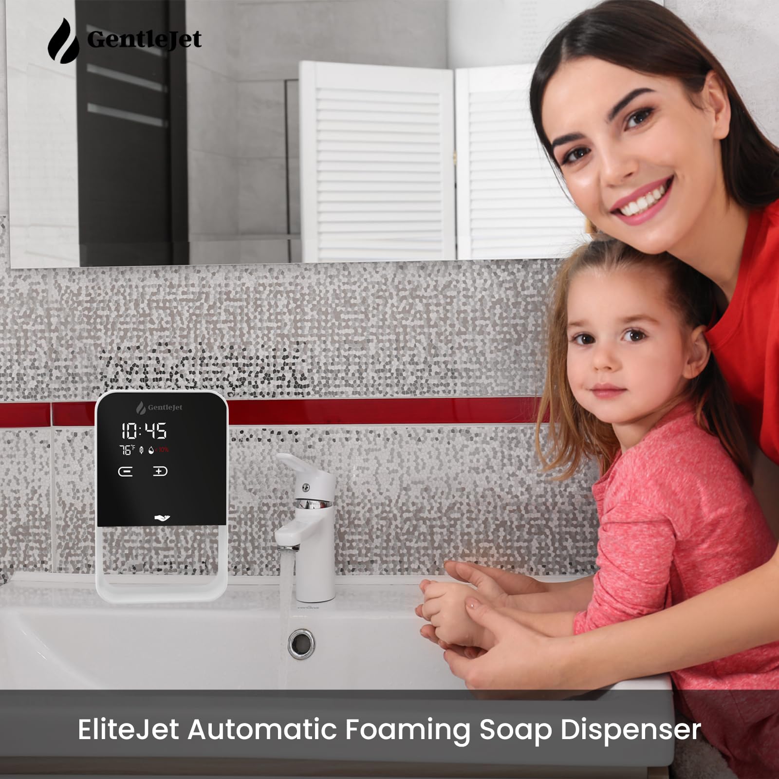 GentleJet EliteJet Automatic Foaming Soap Dispenser Touchless Sensor, LED Display, 5 Foam Levels, Wall Mount or Countertop, Rechargable USB-C or Battery Powered, Aluminum Alloy, 480 ml Refillable