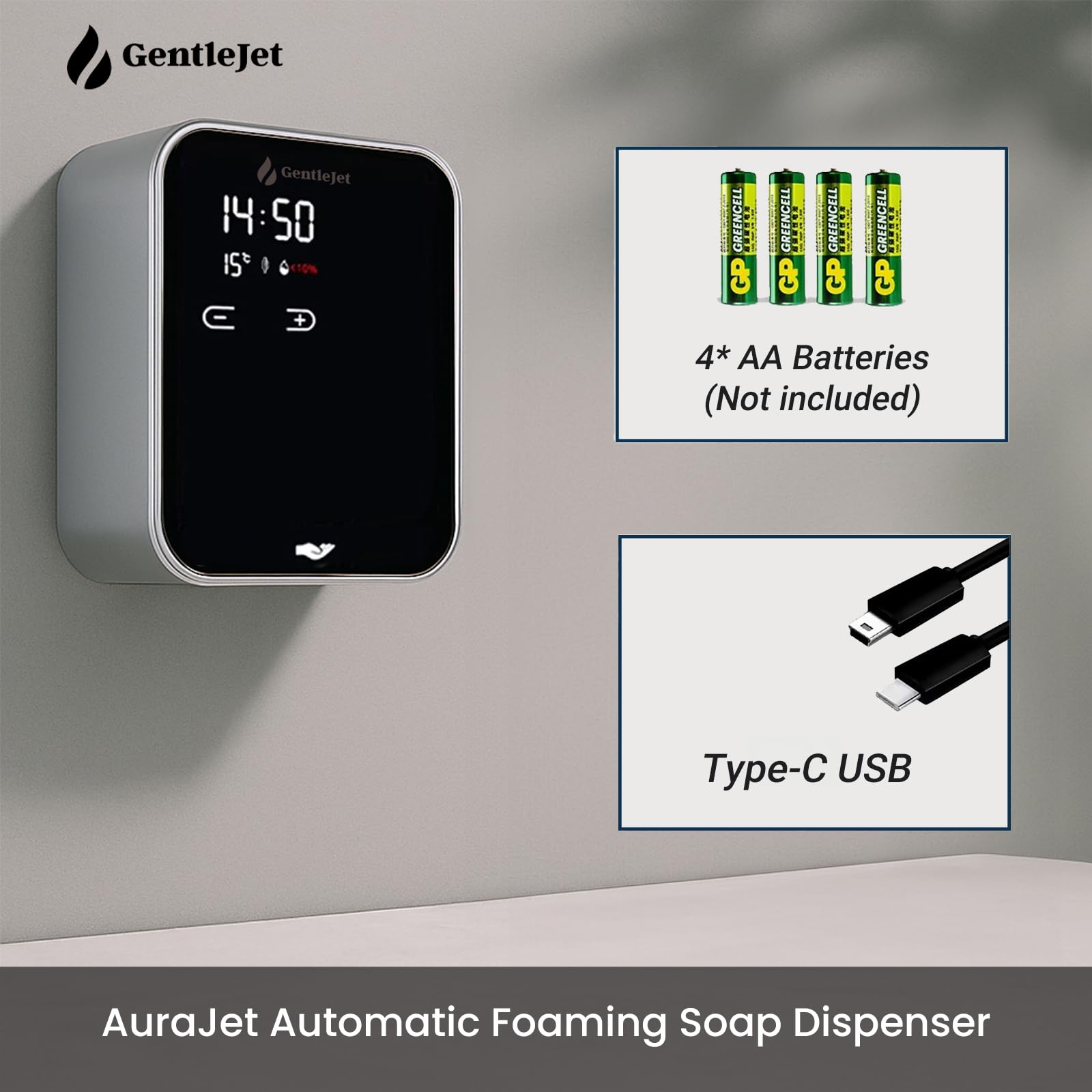 GentleJet AuraJet Automatic Foaming Soap Dispenser Wall Mount  Touchless Sensor, LED Display, 5 Foam Levels, Rechargable USB-C or Battery Powered, Aluminum Alloy, 480 ml Refillable