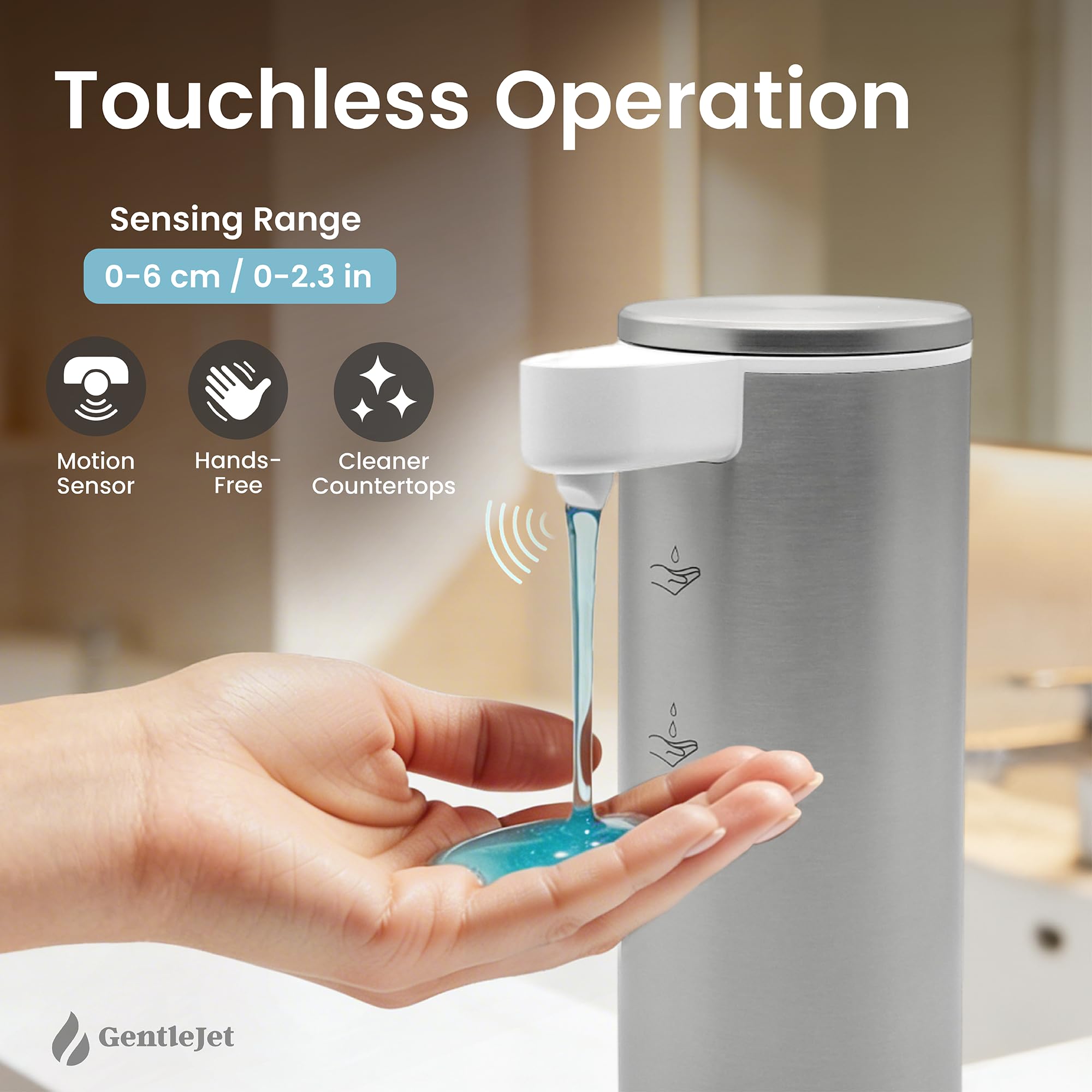 GentleJet OpalDrop Automatic Liquid Soap Dispenser – Touchless Sensor, USB-C Rechargeable, 304 Stainless Steel, IPX5 Water-Resistant for Kitchen Sink Bathroom, 9.13 oz / 270 ml