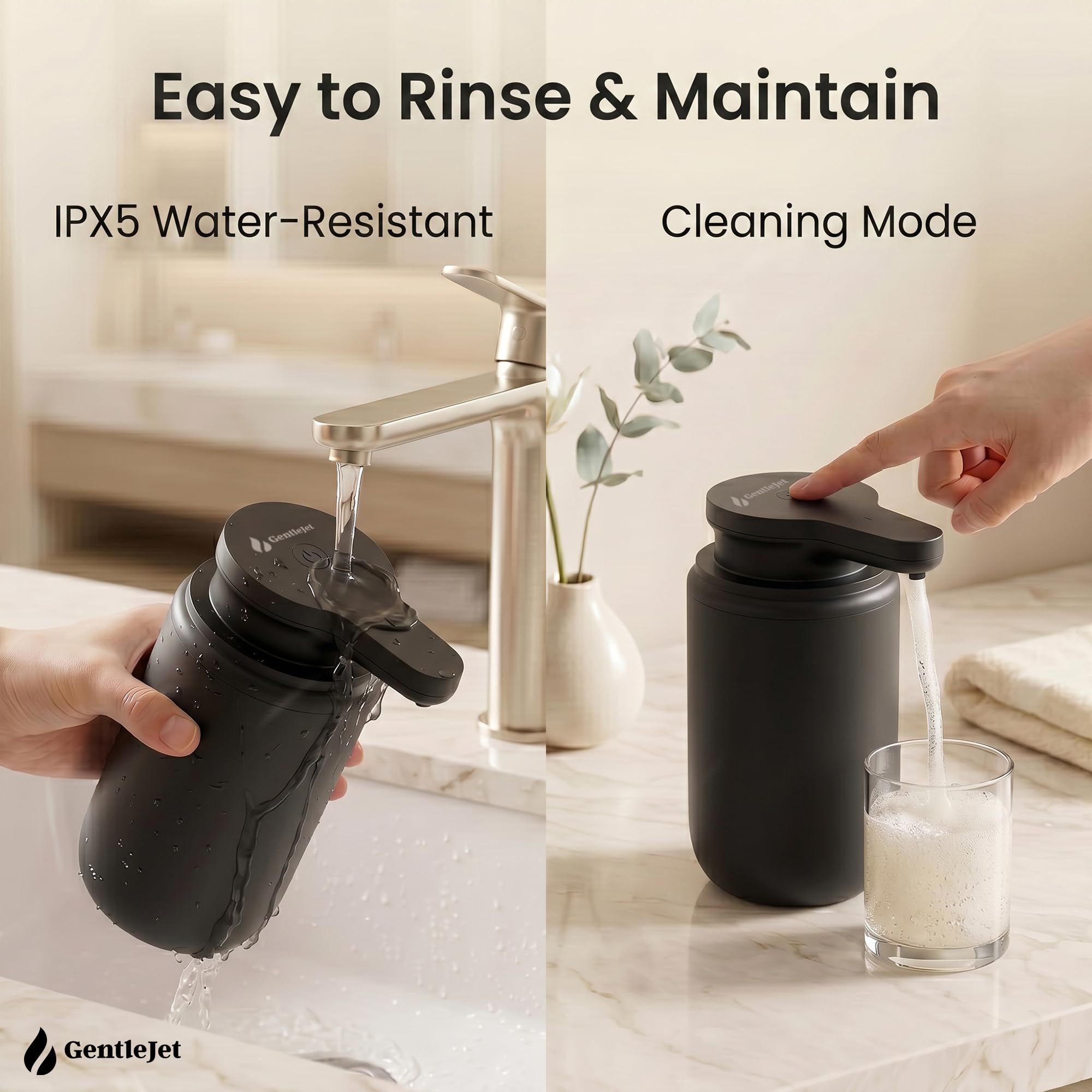 GentleJet SimpleFoam Automatic Foaming Soap Dispenser Touchless - Rechargeable Sensor Soap Dispenser for Bathroom & Kitchen Sink, Dual Foam Levels, Auto-Clean, IPX5 Waterproof