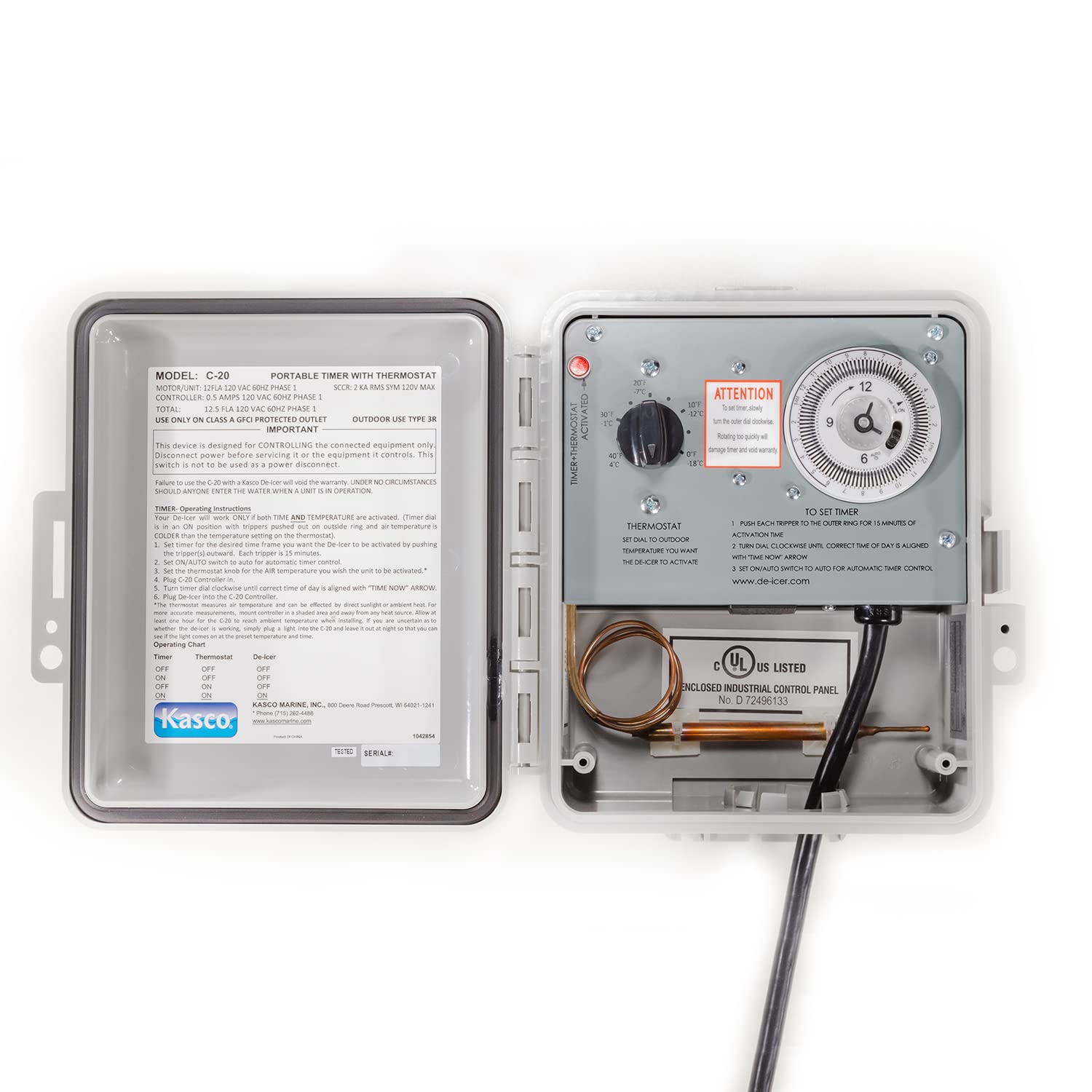 Kasco De-Icer Time & Temperature Controller C-20 - Air Temperature Thermostat and Timer | Automatically Turn On/Off 120V De-icer | Operates B/W 0-80 F
